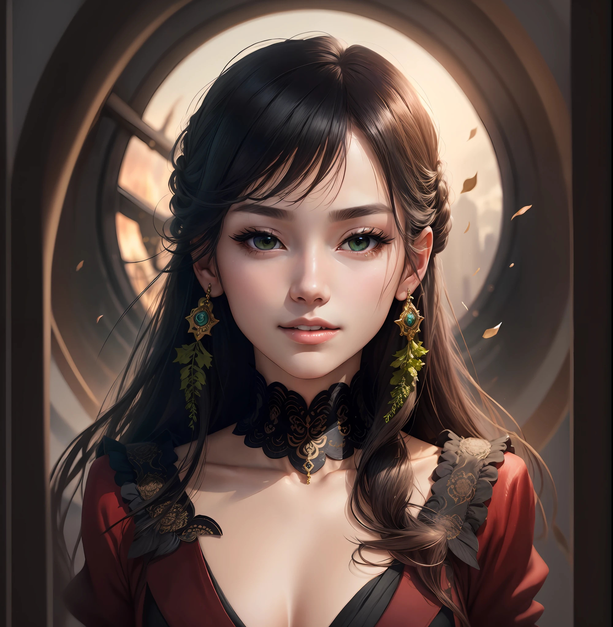 Menina anime com cabelo longo e brincos na frente de uma janela, retrato bonito da arte da fantasia, retrato detalhado da menina do anime, retrato impressionante do rosto do anime, retrato bonito do anime, retrato da arte da fantasia, retrato bonito da fantasia, estilo de arte de fantasia, retrato de arte conceito de fantasia, arte de anime digital detalhada, epic fantasy art portrait, arte do retrato da fantasia, 2. 5 d cgi anime fantasia arte