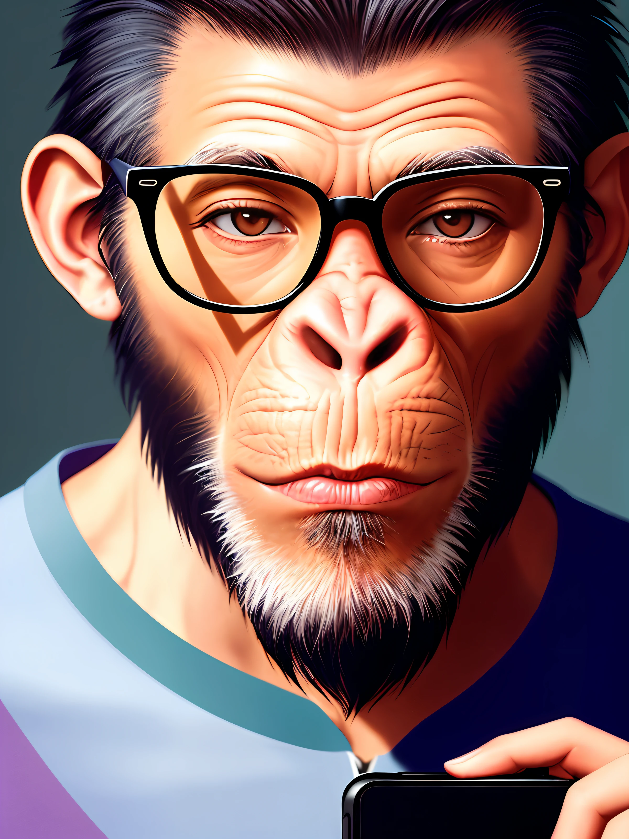 (model shoot style),hipster chimpanzee with glasses reflecting with cell phone in hand,hyperdetailed, cinematic, dark shot, soft colors, grainy film, muted tones, muted colors, technicolor
