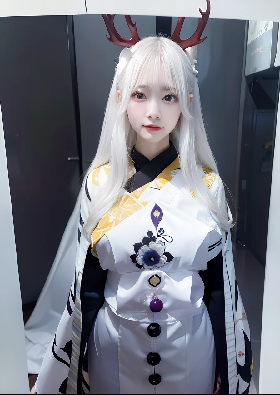 Kaguya otsutsuki. One woman wore a white kimono with a yellow and purple striped. Standing in a dark room. Her hair, straight as white and long, unraveled so beautifully. With a pair of antlers on his head. Both his balls are white as a stare. Her lips are so red sexy. With breasts that stand out big and round. So pretty and realistic