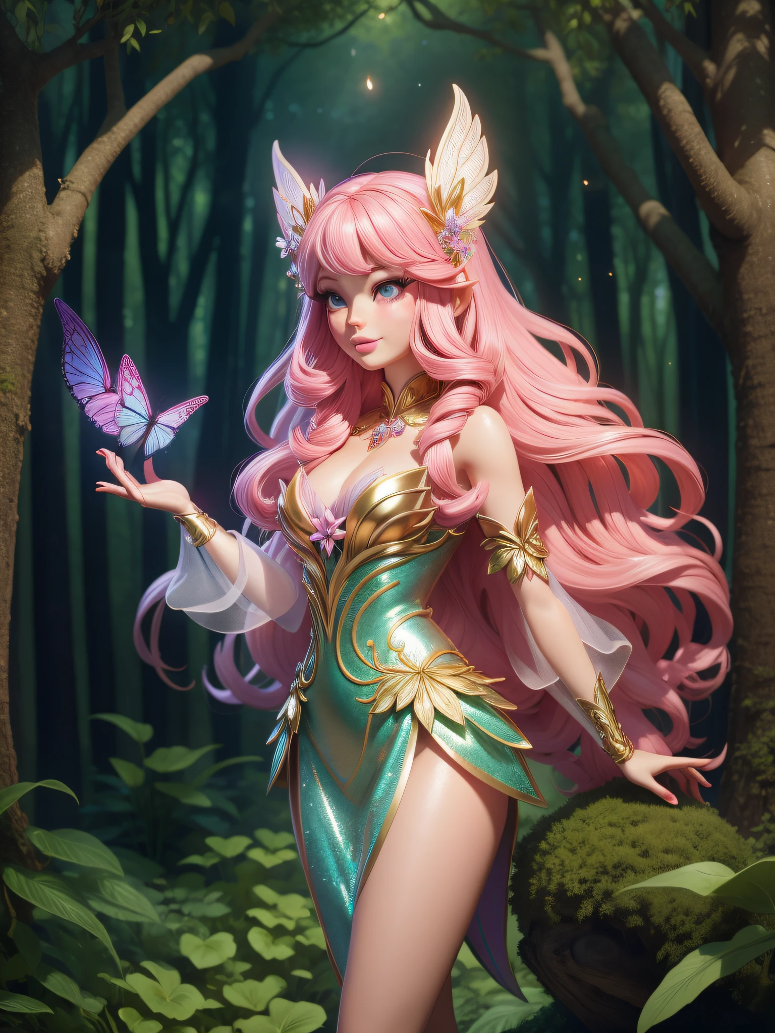 Enter a magical kingdom as Barbie transforms into a graceful forest fairy, surrounded by glittering fireflies and eccentric creatures. Com asas cintilantes e uma coroa de flores, She spreads enchantment in an ethereal forest setting.