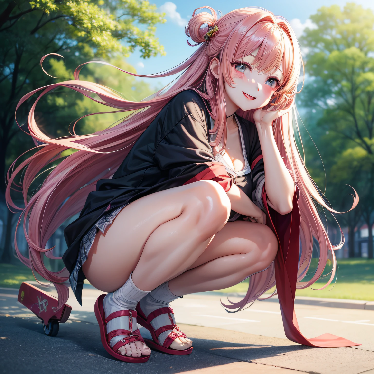 (masutepiece, Best Quality)、Beautie、Oversized clothing、B-style fashion、red blush、Plump lips、hanikami、adult lady、Bust large、The long-haired、Shy laughter、disheveled hair、huge smile、Harmony of light and shadow、​masterpiece、top-quality、Detail Enhancement、most beautiful image in the world、8K分辨率、Stunning inspiration、lovely pose、Skateboarding Course、a park、Sunnyday、Full body posture、perspiring、Embarrassed、Verdure々Pose