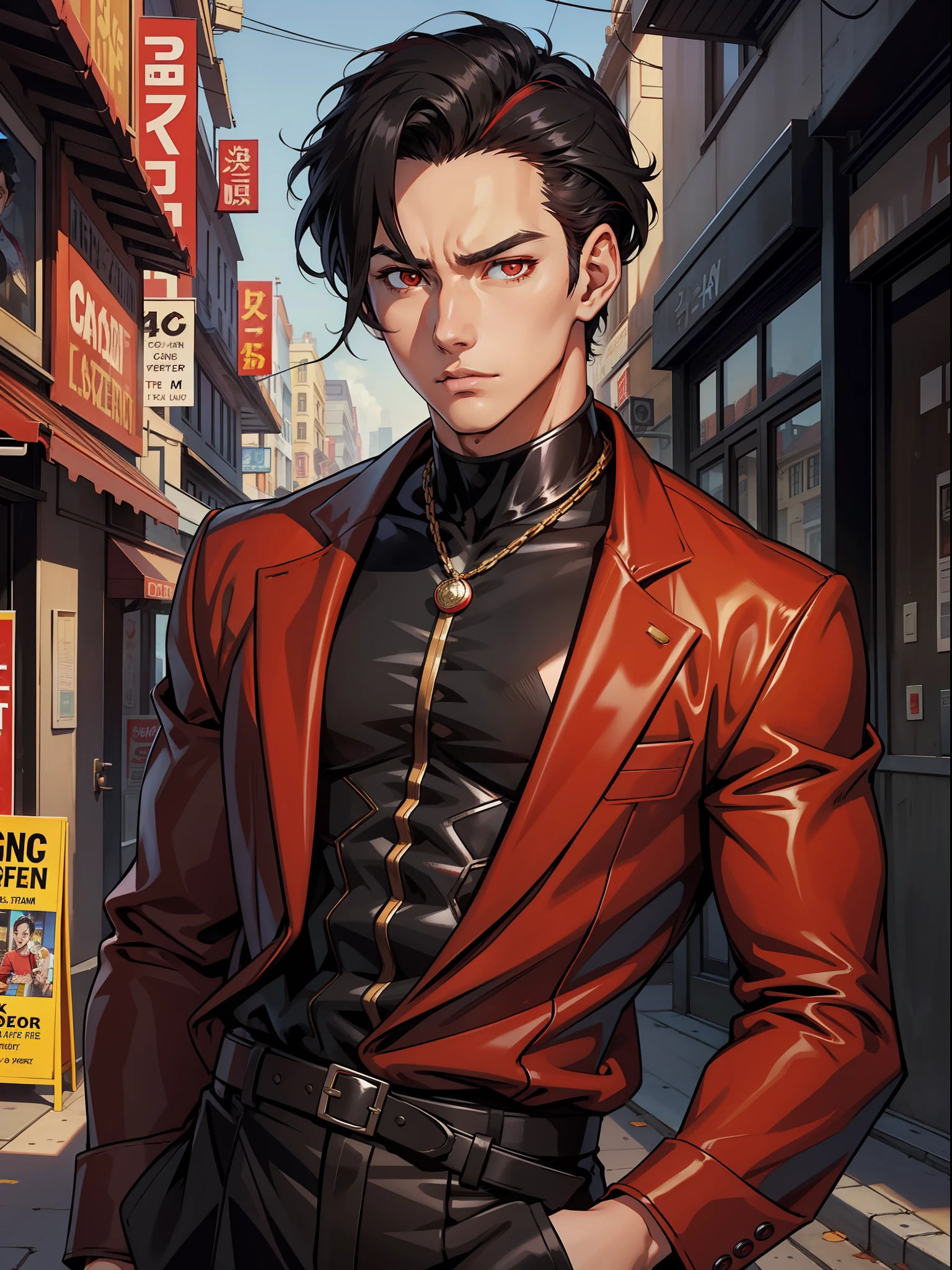 1 boy, handsome boy, black hair, comma hair, forehead comma hair, street style,, shiny, Red eyes, looking at viewer, upper body, megazine cover