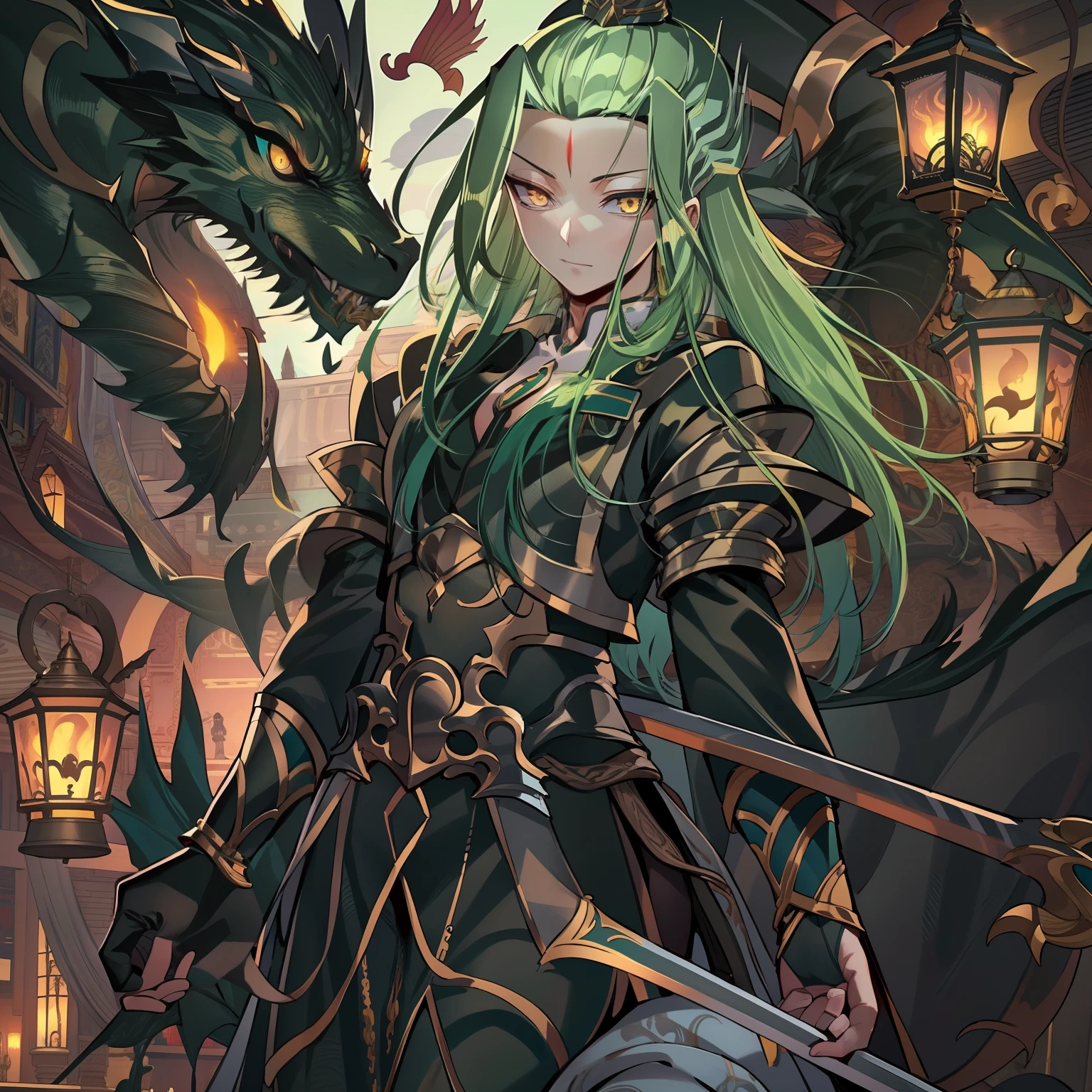 youth，Green hair+long whitr hair+Inky armor，Black Dragon，Golden-eyed pupils，Lanterns，Rajah，Dark green longsword，Domineering。