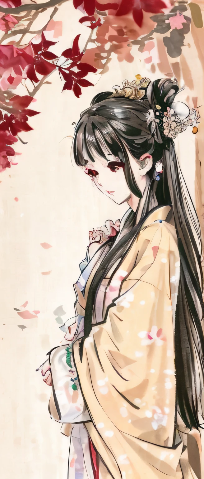 A painting of a woman in a kimono,A flower stuck in his hair, Palace , A girl in Hanfu, inspired by Ma Yuanyu, anime girl profile, flowing hair and long robes, anime visual of a cute girl, anime visual of a young woman, Beautiful character painting, Anime girl with long hair, Wearing ancient Chinese clothes