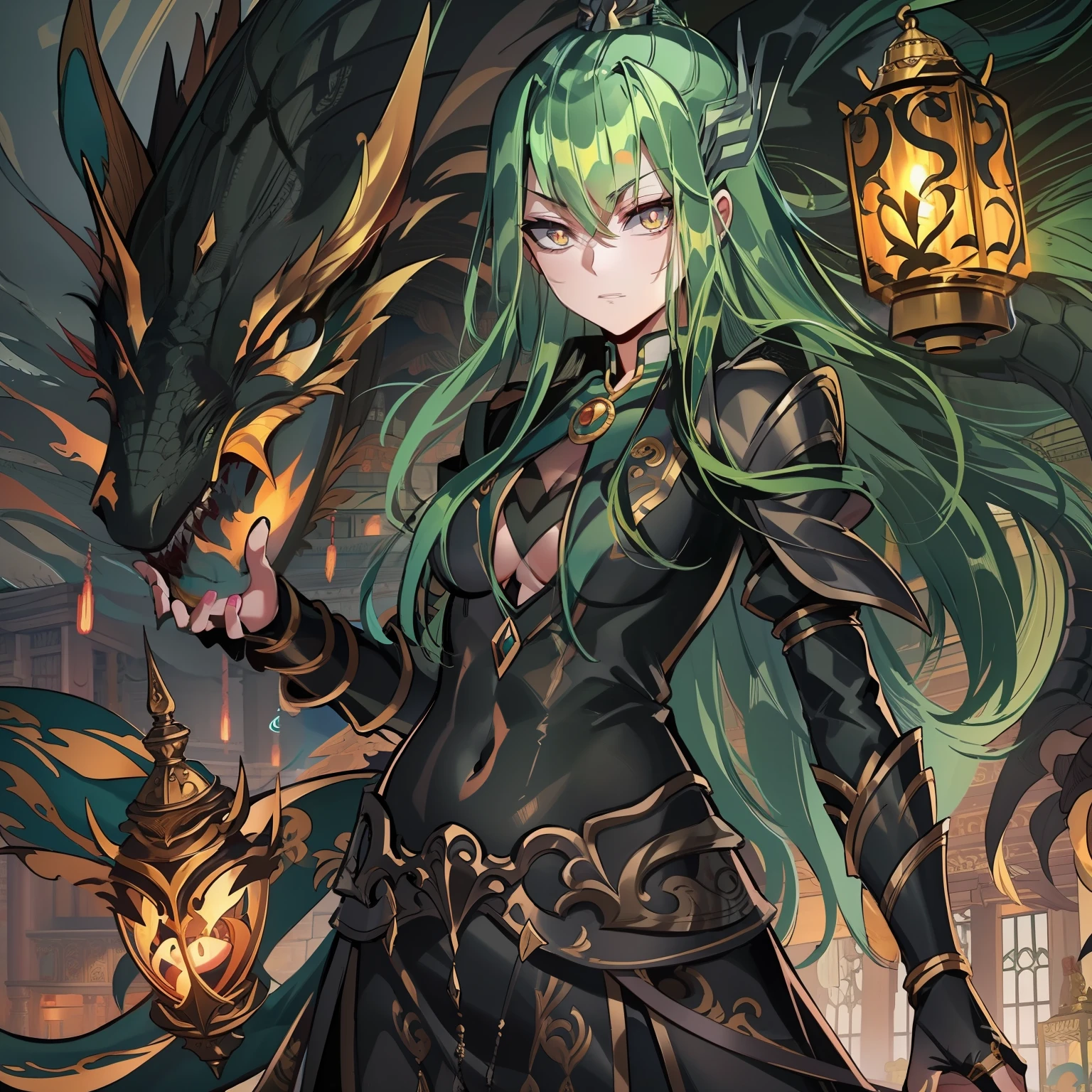 youth，Green hair+long whitr hair+Inky armor，Black Dragon，Golden-eyed pupils，Lanterns，Rajah，Dark green longsword，Domineering。