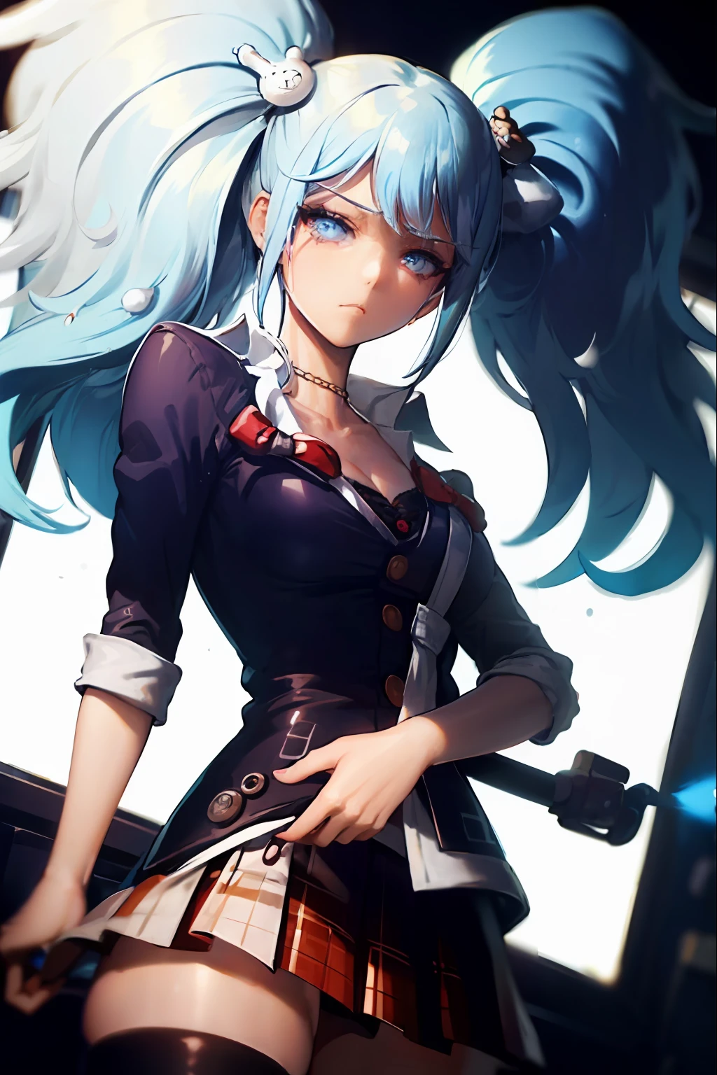 masterpiece, highly best quality, colorful, a woman, (schoolgirl uniform), (gal), (emotionless face), blue hair, high contrast shiny oily skin, huge long breasts, sfw ,