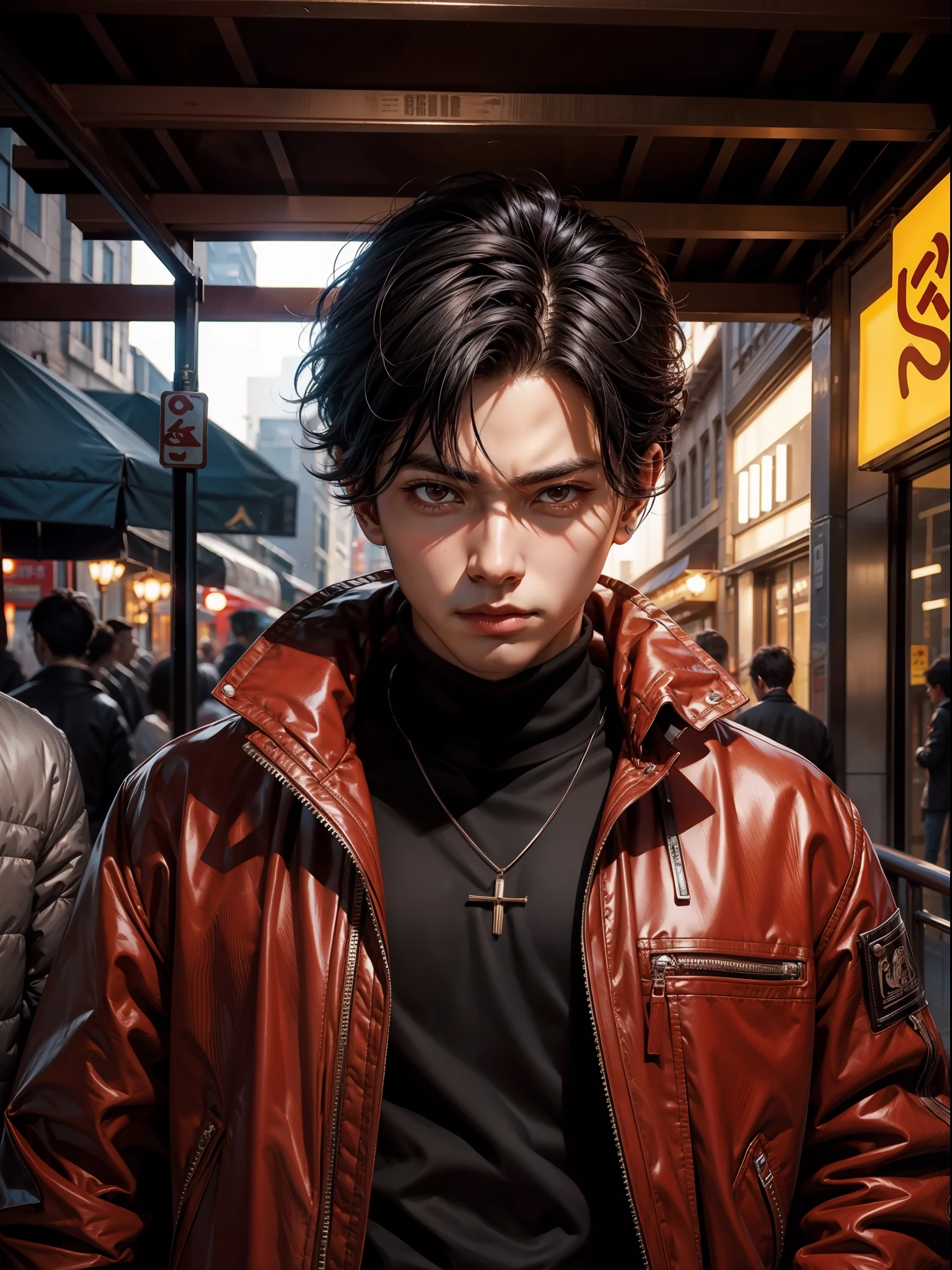 1 boy, handsome boy, black hair, comma hair, forehead comma hair, street style,, shiny, Red eyes, looking at viewer, upper body,  megazine cover