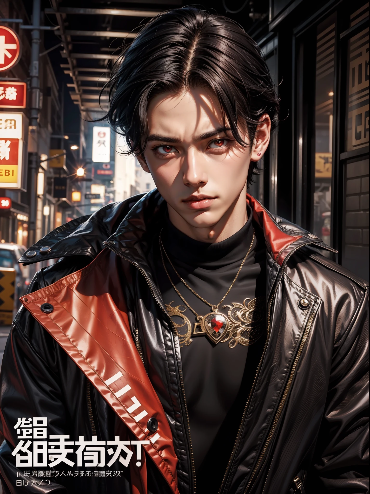 1 boy, handsome boy, black hair, comma hair, forehead comma hair, street style,, shiny, Red eyes, looking at viewer, upper body,  megazine cover