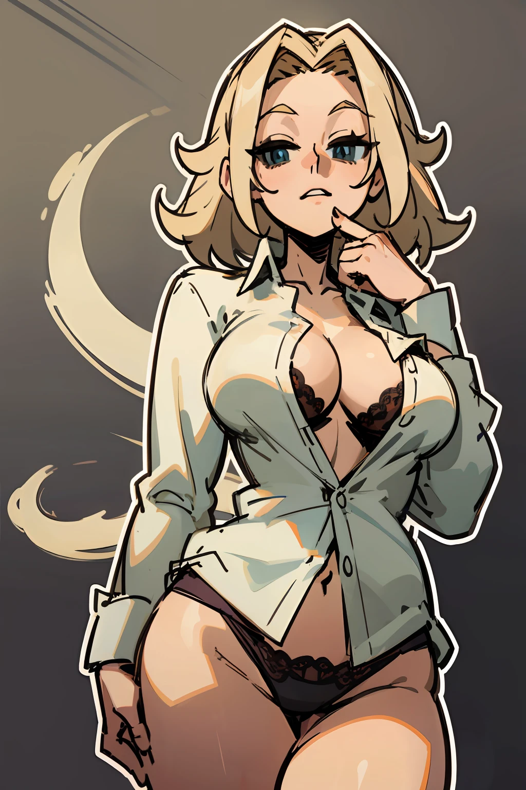 Mature woman, light blue eyes, blonde hair, forehead, (Wavy Hair:0.5), white  shirt, ((Unbuttoned shirt)), black panties, lace panty, ((thick outlines)), ((white outlines)), (Sketch)