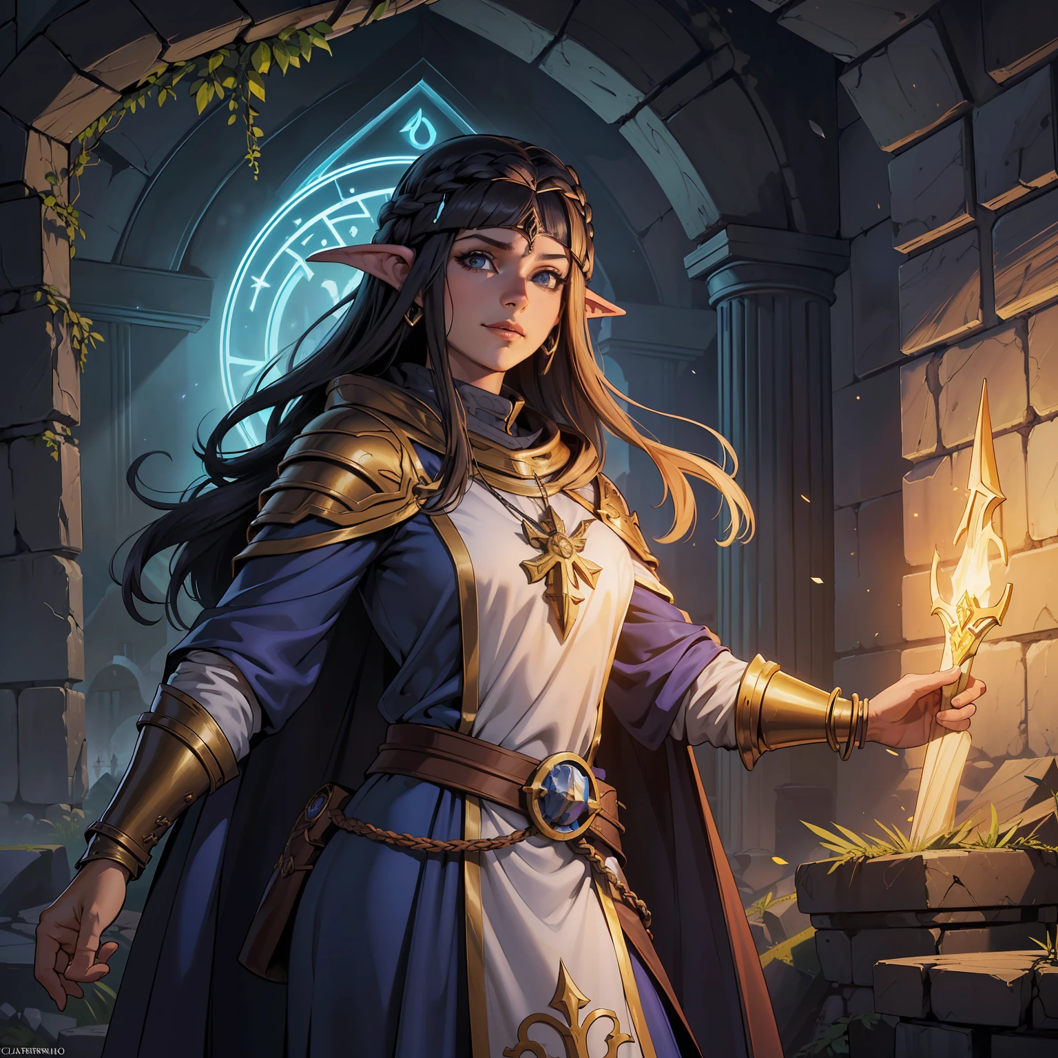 (papel de parede 8k extremamente detalhado:1.2), (melhor qualidade:1.2), (tema aventura e fantasia), perfil (personagem de Paizo Pathfinder RPG e Dungeons & Dragons), ((1mulher elfa)), jovem, bonita, foco afiado, (subsurface scatter:1.1), fotografia premiada, ((Classe Monge Druida:1.3)), ((tiro de meio corpo:1.1)), rosto centrado, expression serious, pele branca, cabelo loiro crespo longo, olhos dourados:1.2, sorrindo, wearing Druidic robes, (before mystical ruins l:1.3), (fundo muito detalhado:1.2), lighting dramatic