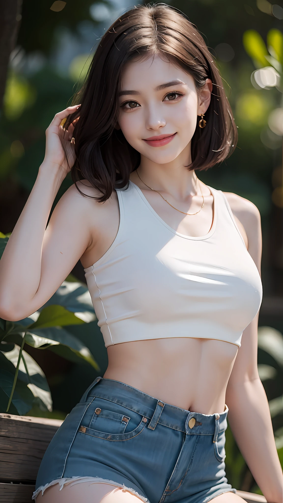 Best quality, masterpiece, ultra high res, photorealistic, Beautiful woman, shorts, crop-top, almond eyes, smile, pale skin, bokeh