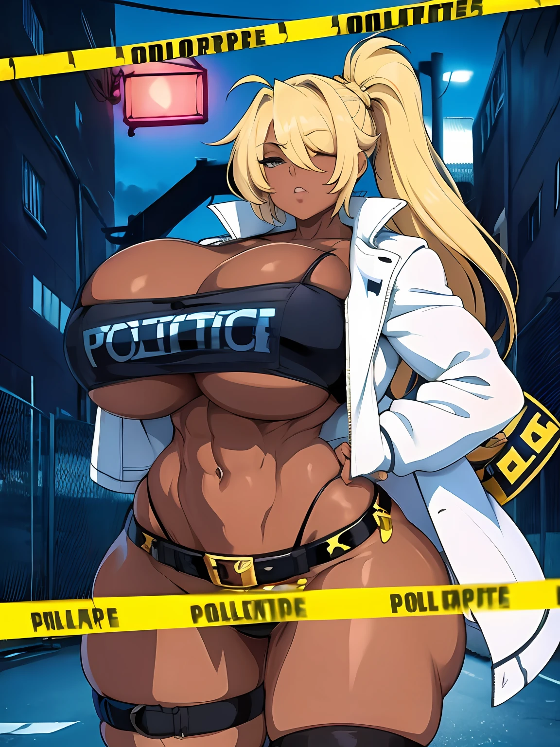 masterpiece, best quality, highly detailed, cowboy shot, portrait, text that says "do not cross"
harem, police woman, large breasts, petite, white jacket, (beltbra:1.2),(caution tape:1.3), deep skin, skindentation,
BREAK
city, alleyway, red_and_blue_lights, (police_car:1.2), siren, crime_scene, night, dark theme, ty), (clouds), add_detail:1, hair over eyes, hair over one eye, gigantic boobs, tits, hyper largest_breasts!! with the type of boobs_melons, huge ass, wide hips, thick legs,