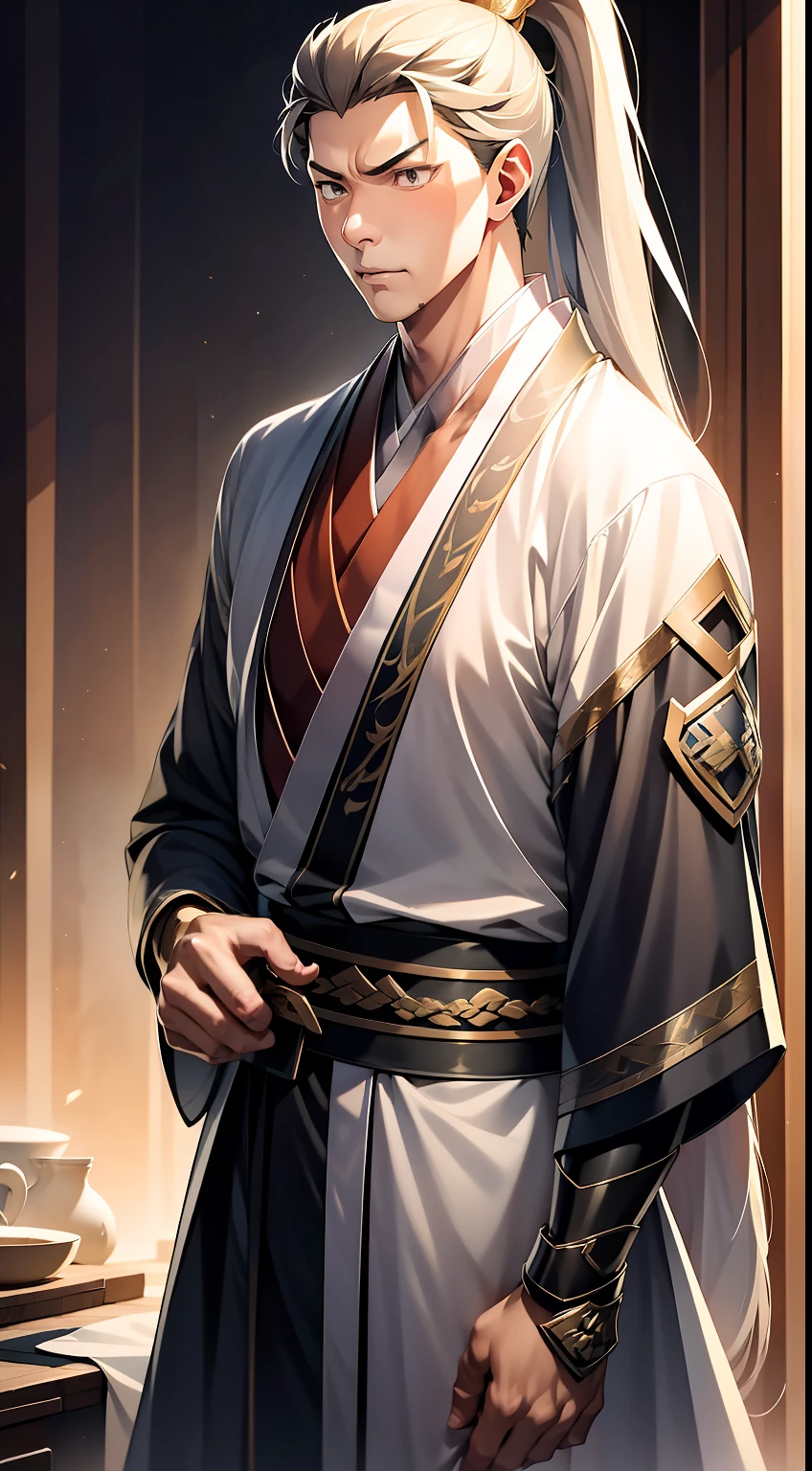 quadratic element，style of anime，mtu（Male Warrior），The proportions are correct，Face details，swordsmen，High ponytail hairstyle，Neck details，There is an Adam's apple，Black Hanfu，kaftan，Embroidered robes，Black robe，clothes details，Handing over，longer sleeves，Game quality，Swordsmanship，Light and shadow tracking，Ray traching，detailed glow，cg render，hair detail，long  white hair，Black eyes，Handsome，Handsome，（juvenile sense），Clothing is complicated，Perfectcomposition，Refinement，high qulity，higher details，Lots of details，The background is complex，a sense of atmosphere，