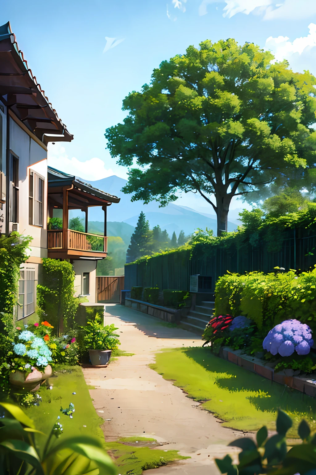 (ultra high res,photorealistic,best quality,photo-realistic),(8k,raw photo,best quality,masterplece),(photon mapping,radiosity,physically-based rendering,automatic white balance),real person,photograph,bridge, building, bush, city, cloud, day, door, fence, field,orest, garden, grass, house, hydrangea, mountain, nature, no_humans, outdoors, path, plant, potted_plant, purple_flower, road, scenery, sky, skyscraper, traditional_media, tree,