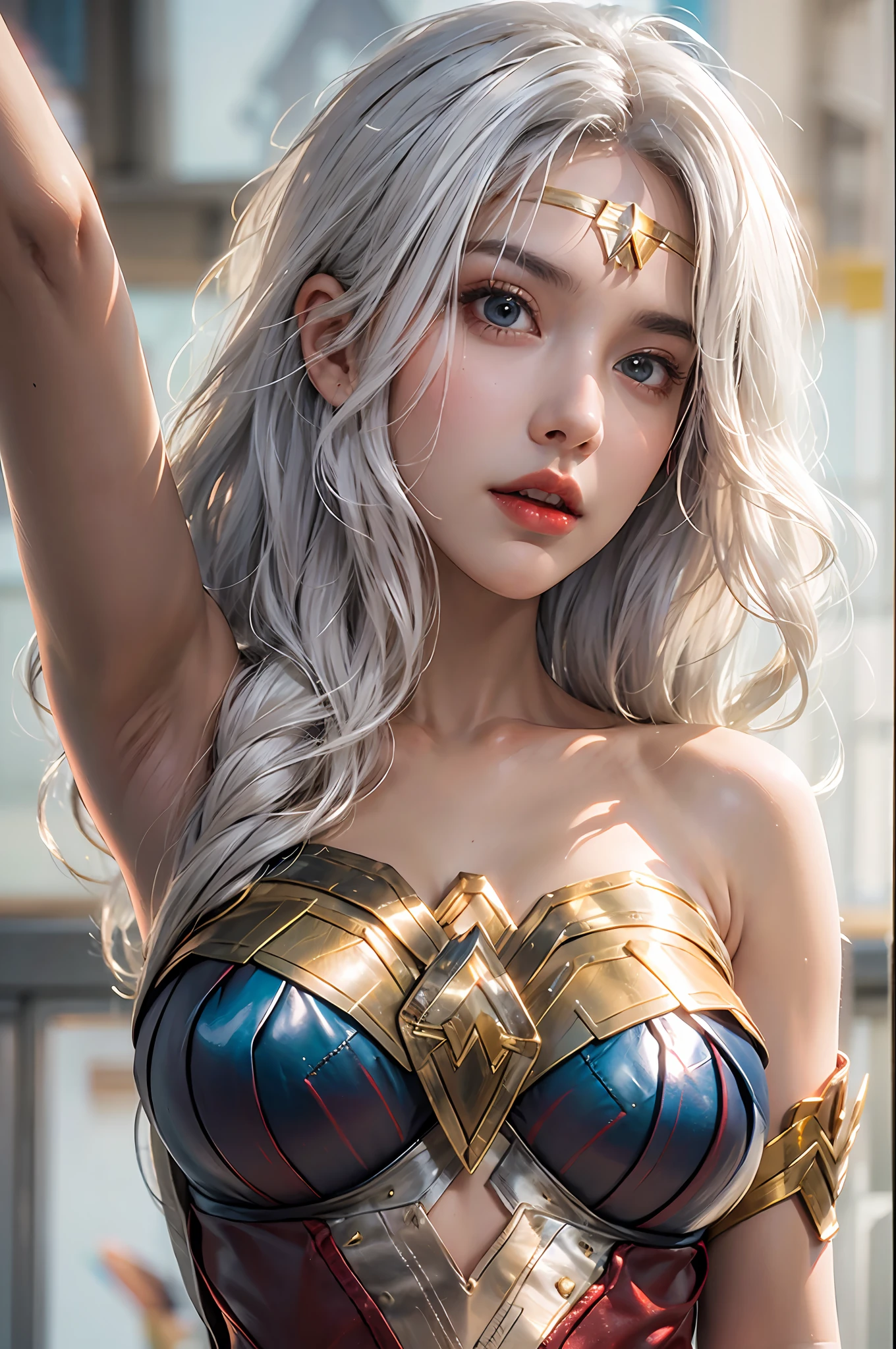 photorealistic, high resolution, 1 women, solo, hips_up, hips up, beautiful eyes, look at viewer, close lips, detailed face, white hair, wonder woman costume
