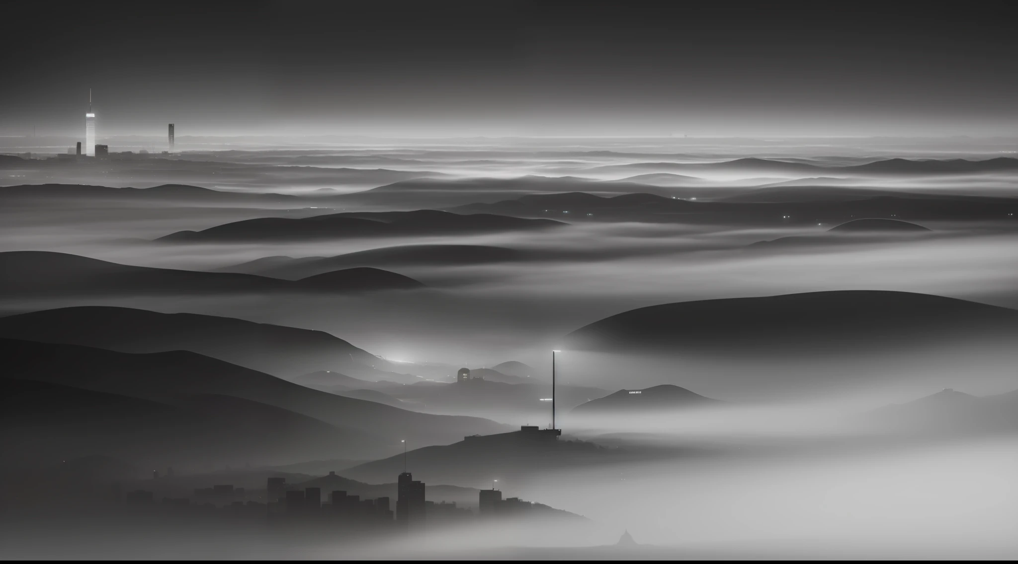 Silence in the fog of the city,Heavy fog,Developing stick worm,hyper realisitc,Hyper-realistic,lightand shade contrast,Cinematic lighting,Atmospheric perspective,wide angles,Satellite view,Move the build,highly details,super detailing,Best premium in 4K。