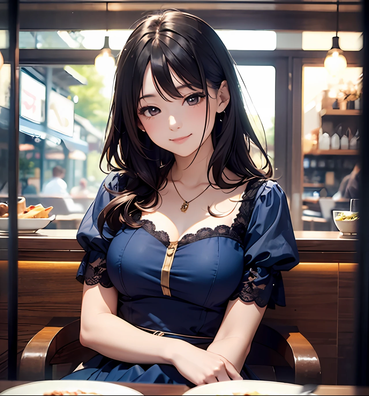 masterpiece, illusion, top quality, morning, restaurant, adult woman in blue dress, confession, soft focus, smilling.