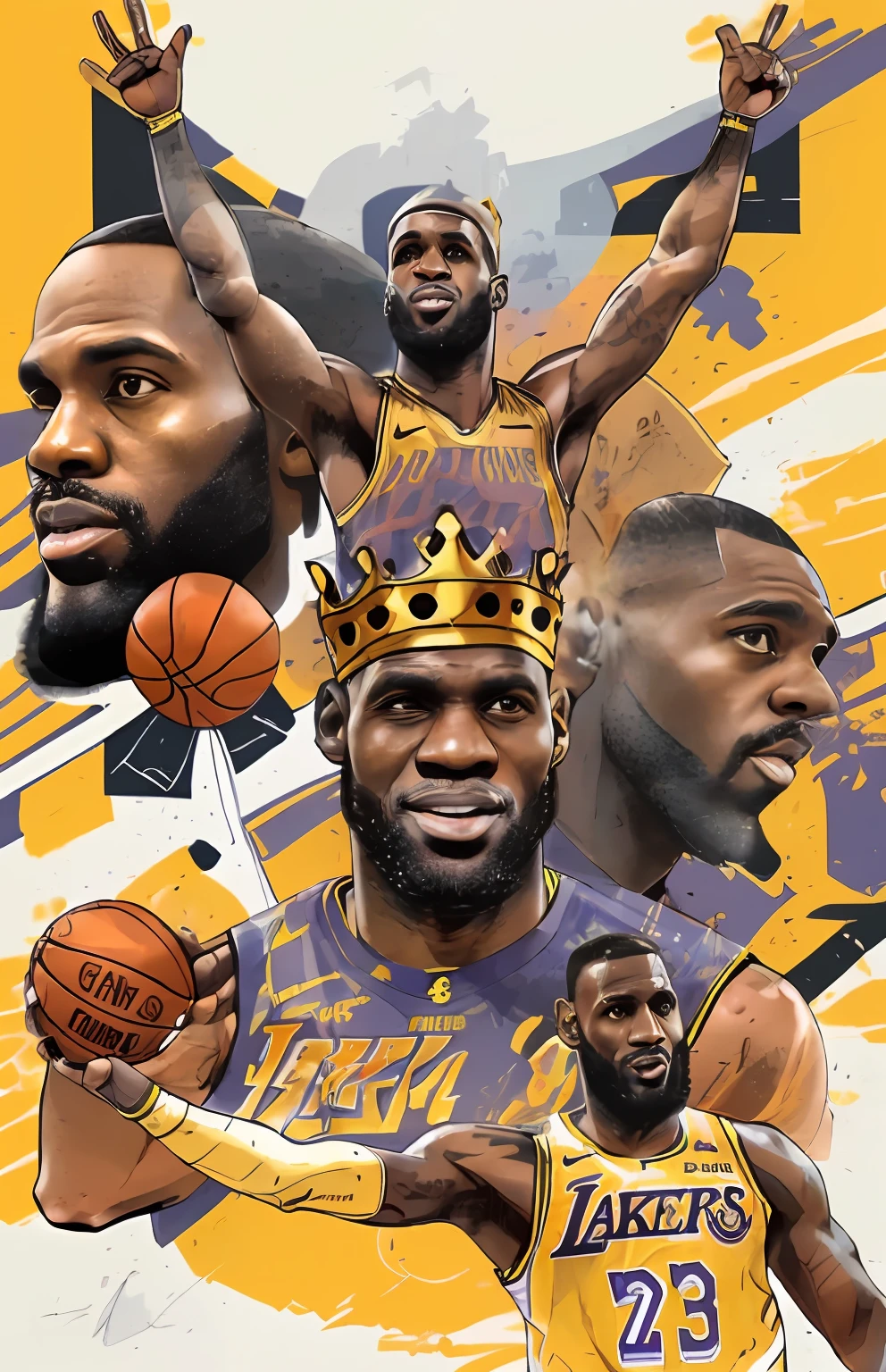 "(Super fine illustration of basketball superstar LeBron James wearing a crown，NBA Finals illustration，Portrait of James，Lakers fan art，official print，art cover illustration，Complete art style，Ultra-detailed poster illustration full of art)"
