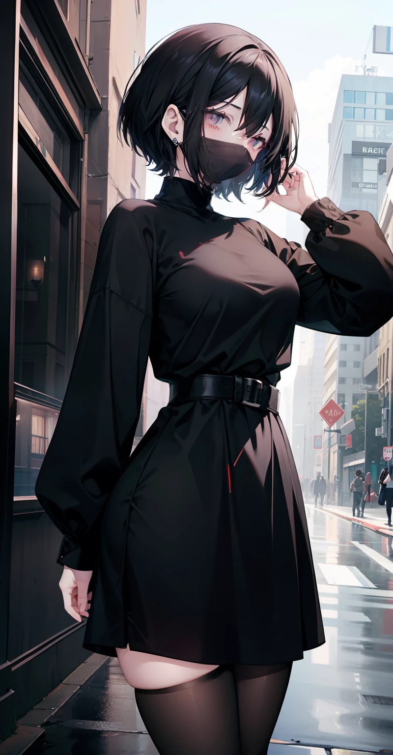 woman, pale skin, dark eyes, ear, eyebrow, mouth mask, big straight black hair, short black skin-tight long sleeve dress, thin waist, thick legs, thick thighs, background scenery, ultra-detailed street