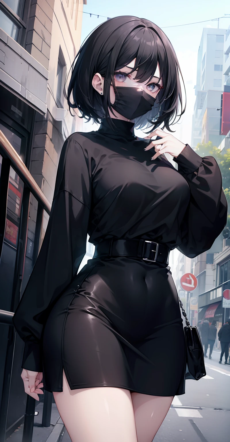 woman, pale skin, dark eyes, ear, eyebrow, mouth mask, big straight black hair, short black skin-tight long sleeve dress, thin waist, thick legs, thick thighs, background scenery, ultra-detailed street