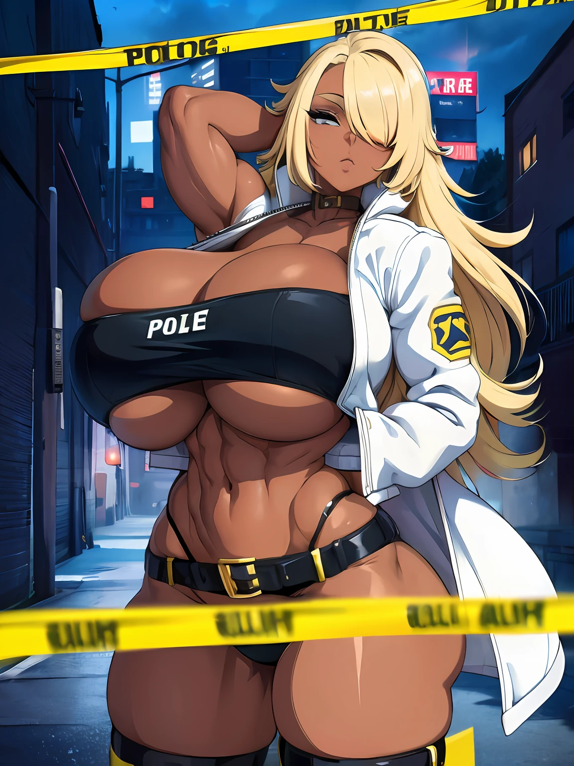 masterpiece, best quality, highly detailed, cowboy shot, portrait, text that says "do not cross"
harem, police woman, large breasts, petite, white jacket, (beltbra:1.2),(caution tape:1.3), deep skin, skindentation,
BREAK
city, alleyway, red_and_blue_lights, (police_car:1.2), siren, crime_scene, night, dark theme, ty), (clouds), add_detail:1, hair over eyes, hair over one eye, gigantic boobs, tits, hyper largest_breasts!! with the type of boobs_melons, huge ass, wide hips, thick legs,