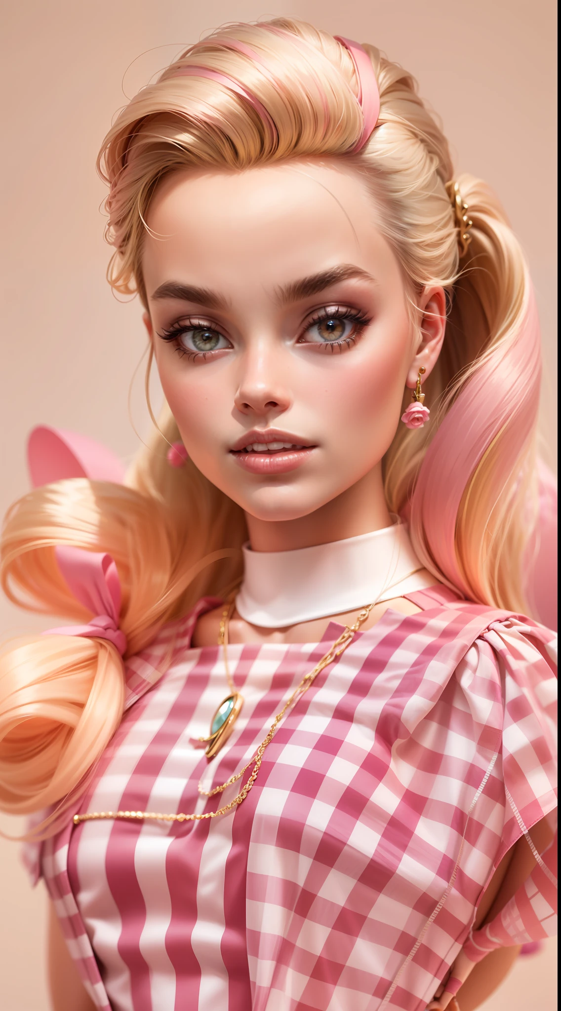 Barbie doll, looks like Margot Robbie, blonde, vintage-inspired pink and white gingham dress, full pleated skirt , matching pink shoes, belt, hair half-up do and tied with a pink ribbon, and jewellery as in the movie, full height view, colourful, standing pure white background
