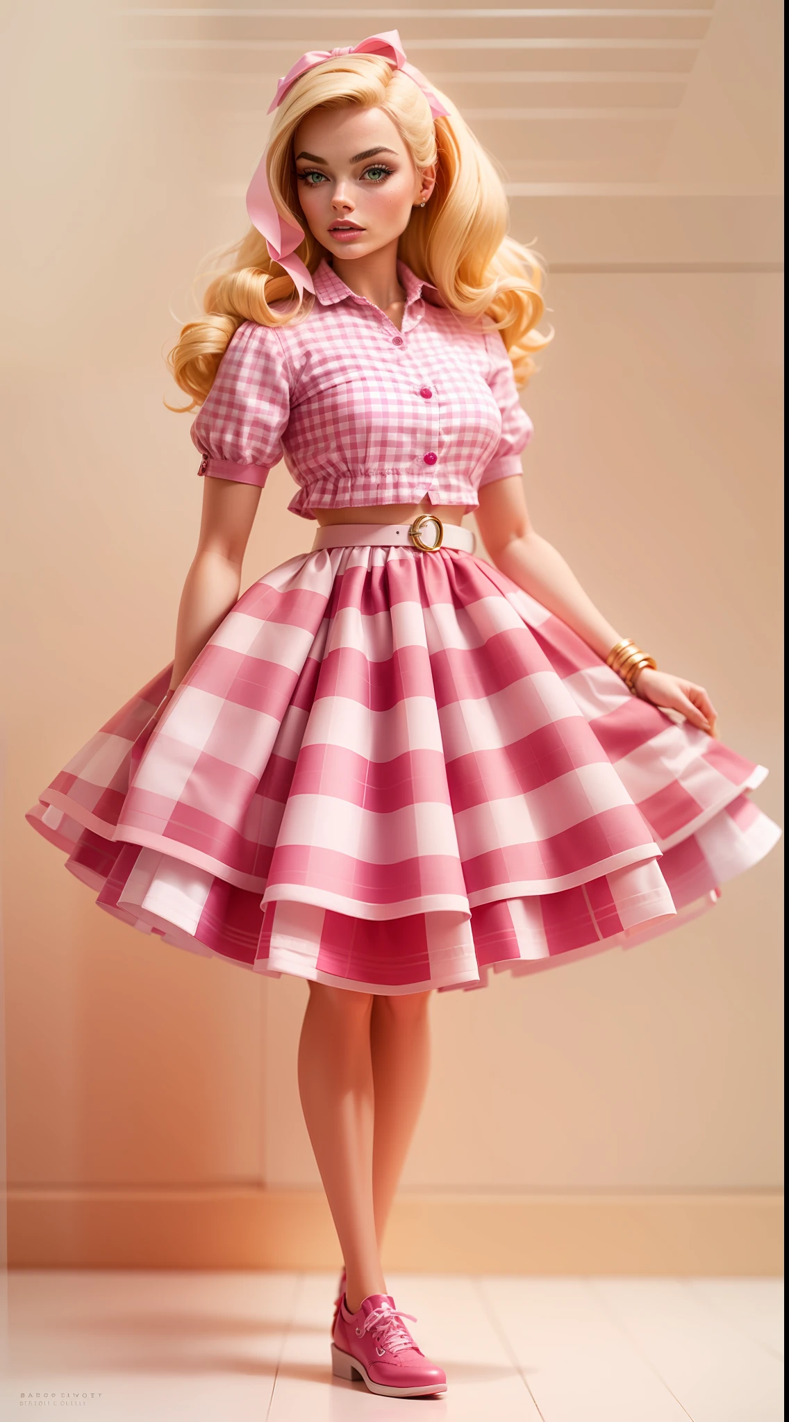Barbie doll, looks like Margot Robbie, blonde, vintage-inspired pink and white gingham dress, full pleated skirt , matching pink shoes, belt, hair half-up do and tied with a pink ribbon, and jewellery as in the movie, full height view, colourful, standing pure white background