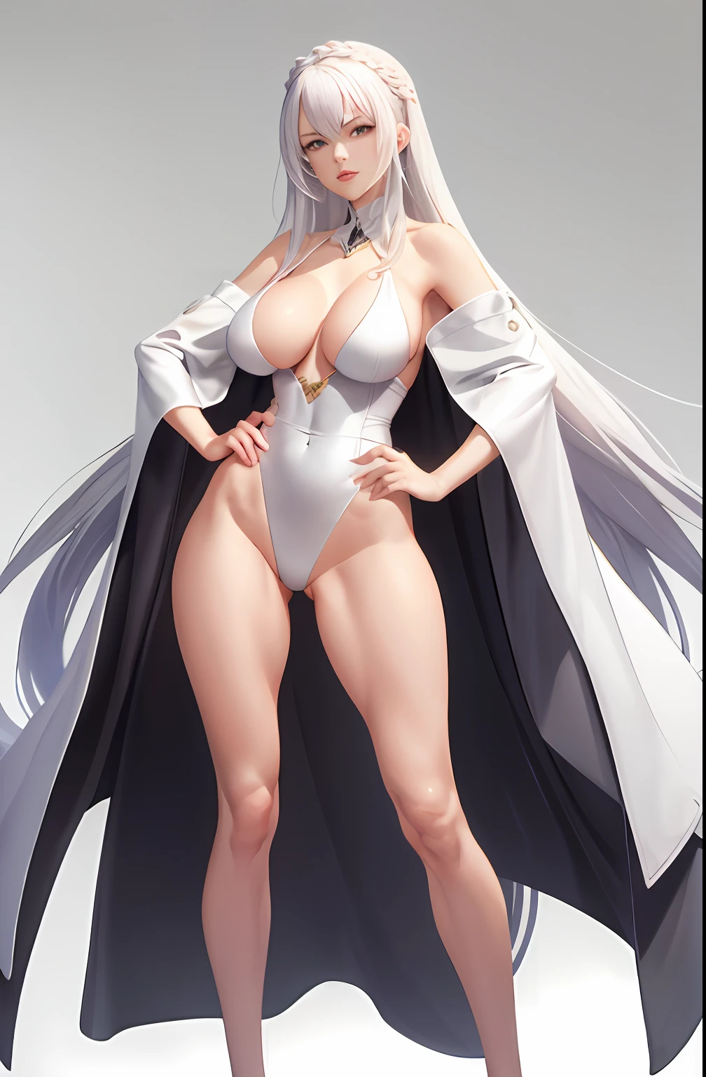 Master anime works,An impeccable masterpiece,8K picture quality: A mature noblewoman in cool sexy clothes standing on pure white background,Female boss,Flowing silver hair,Full-body standing,Slender legs,Straight breasts,Detailed facial details,Naturally beautiful standing,Vivid and authentic body details