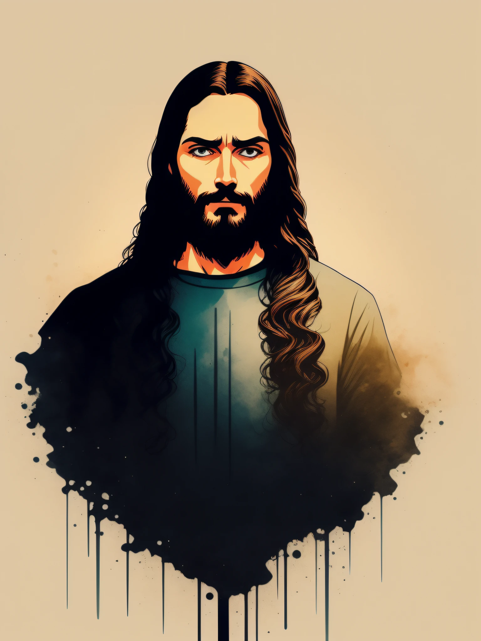 Jesus sentado no trono, arte da camiseta, 2D, ((fundo preto: 1, 5)), vetor, cores vivas, obra-prima, melhor qualidade, detalhes intrincados, perfect symmetrical face, detalhes realistas, gothic theme, luz de aro, luar, cinematic shading, Greg Rutkowisk