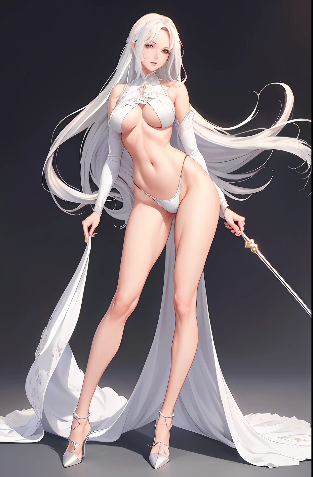 Master anime works，An impeccable masterpiece，8K picture quality: A mature noblewoman in cool sexy clothes standing on pure white background，Female boss，Flowing silver hair，Full-body standing，Slender legs，Straight breasts，Detailed facial details，Naturally beautiful standing，Vivid and authentic body details