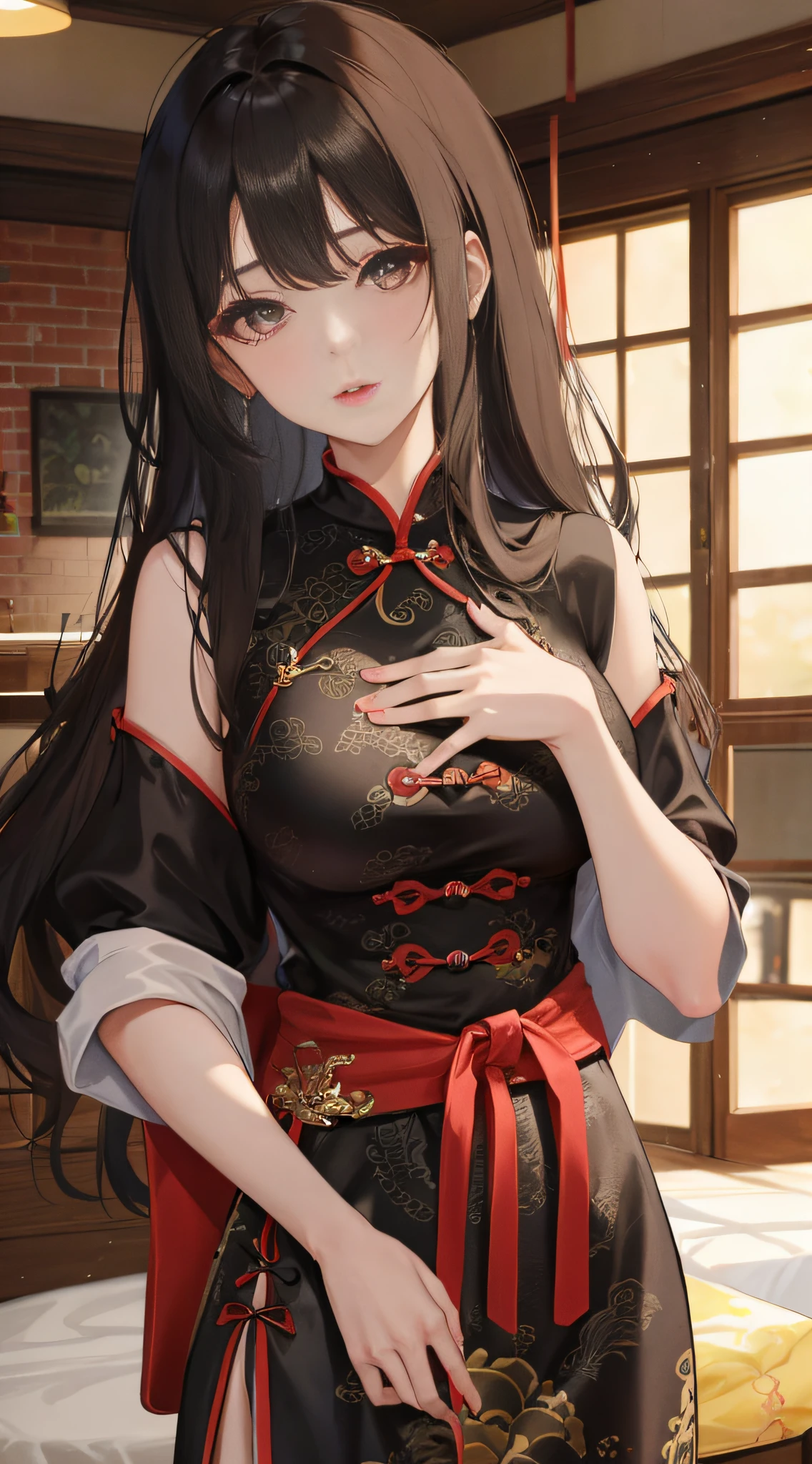1 girl, Long hair, Black hair, Cheongsam, Big breasts, Thin waist,(Bigchest:1.5),(Pampering:1.5),(Shame 1.5),Hands on the waist,low head, Red lips, Directly to the camera, Rustic, Game CG,Best quality ,8K,(With your mouth open),(doubt)