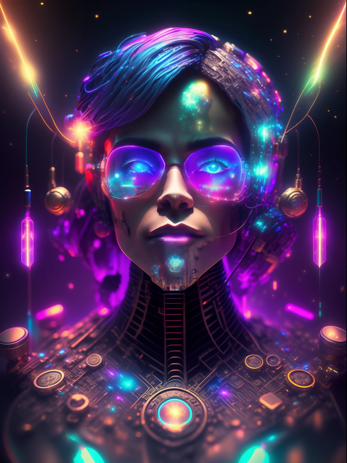 tmasterpiece, beste-Qualit, Art Station, 1 Extremely detailed cyborg face, Perfectly proportioned, Contrast display, ultra realistis, black backdrop, galaxy, Endless Lights, Strewn with fine flash details, 8K, 真实感, The vibrant, luminescent, Exciting, hyper-detalied, The vibrant, Filmic, Environment Occlusion, chromatic aberration.