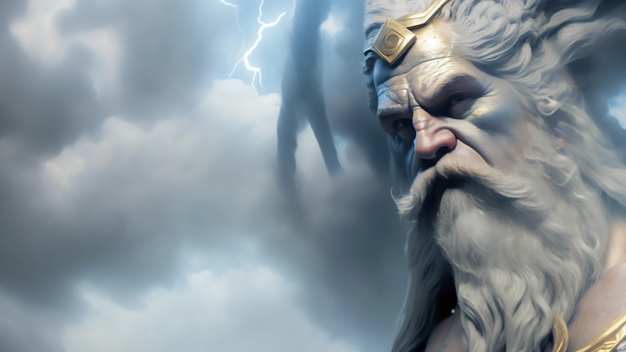 um close up de um homem com longos cabelos brancos e barba, Furioso Deus Zeus, Retrato pintado de Zeus acidentado, Retrato Zeus, Retrato pintado de Odin acidentado, Hora do Pai, Starcraft 2 personagem de videogame, O Deus Zeus, Retrato Saruman, Conhecido como Voryn Dagoth em vida, epic scene of zeus, pintura fosca arcano dota pixar, velho deus