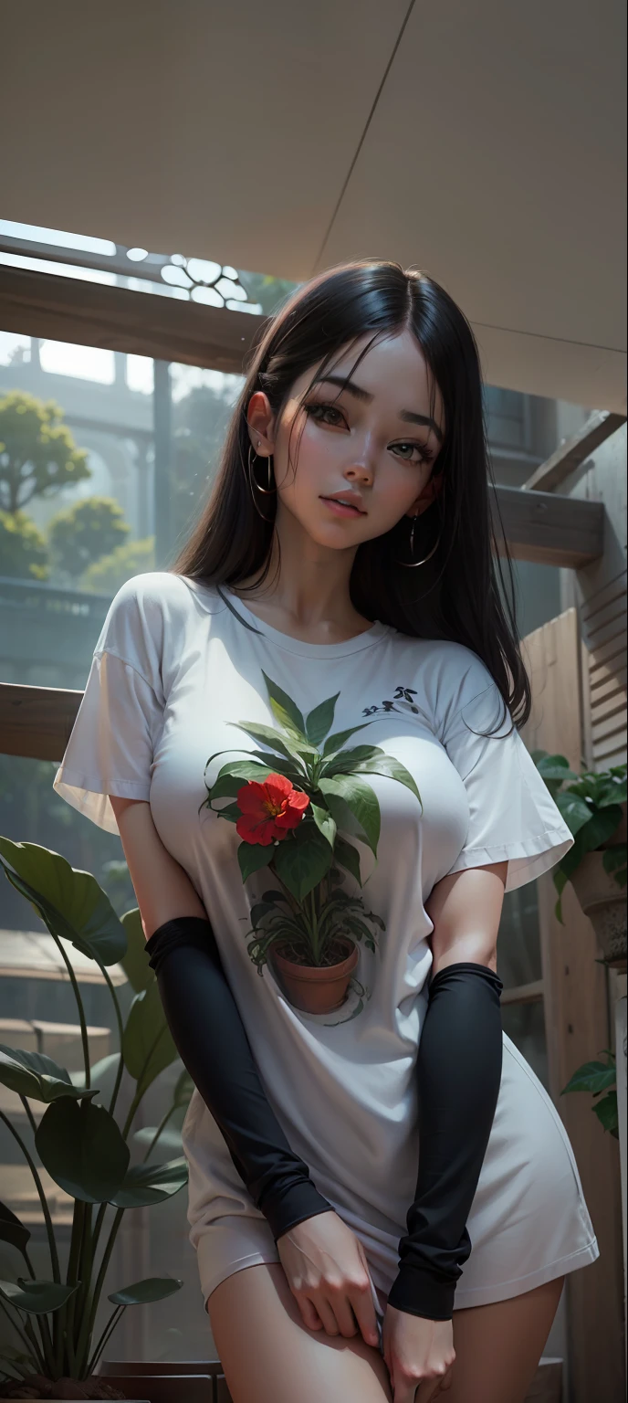 masterpiece, best quality, high resolution, fine detail, amazing and beautiful detail, different_image, 1 girl, solo, white t-shirt,from below, black hair, red eyes, ( big boobs), (lower chest) , outdoor , plants, botanical garden, dolphin white t-shirt,