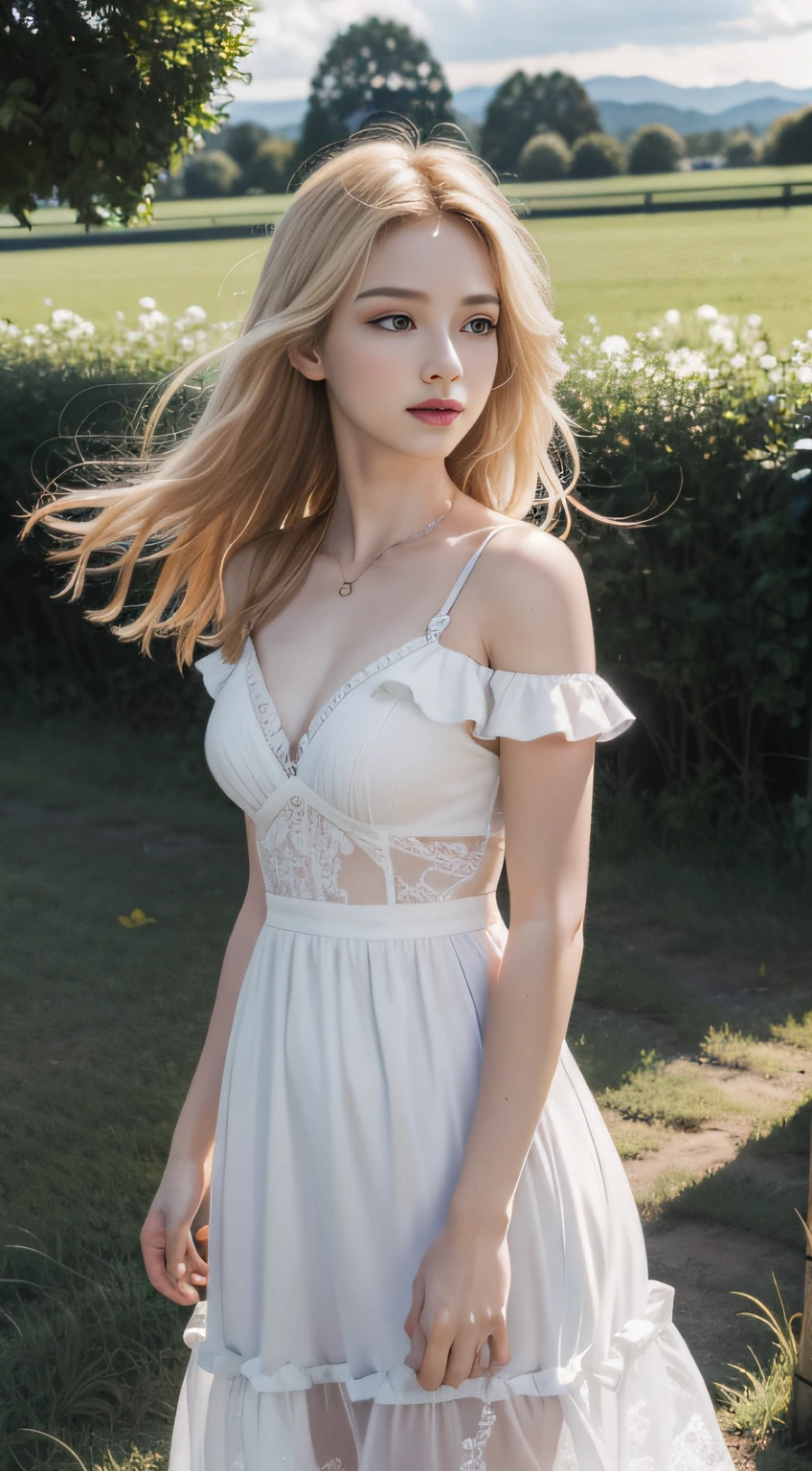 (fidelity:1.3),filigree,quality,Rembrandt lighting,(tmasterpiece:1.2),(fidelity:1.2),(best qualtiy),(skin detailed:1.3),(Complicated details),dramatics,Ray traching,1girl,american white girl,blond hairbl,21yo,mediuml breasts,(grassy fields,suns,clouds,Tano,farms,starlights,footpath),white dresses