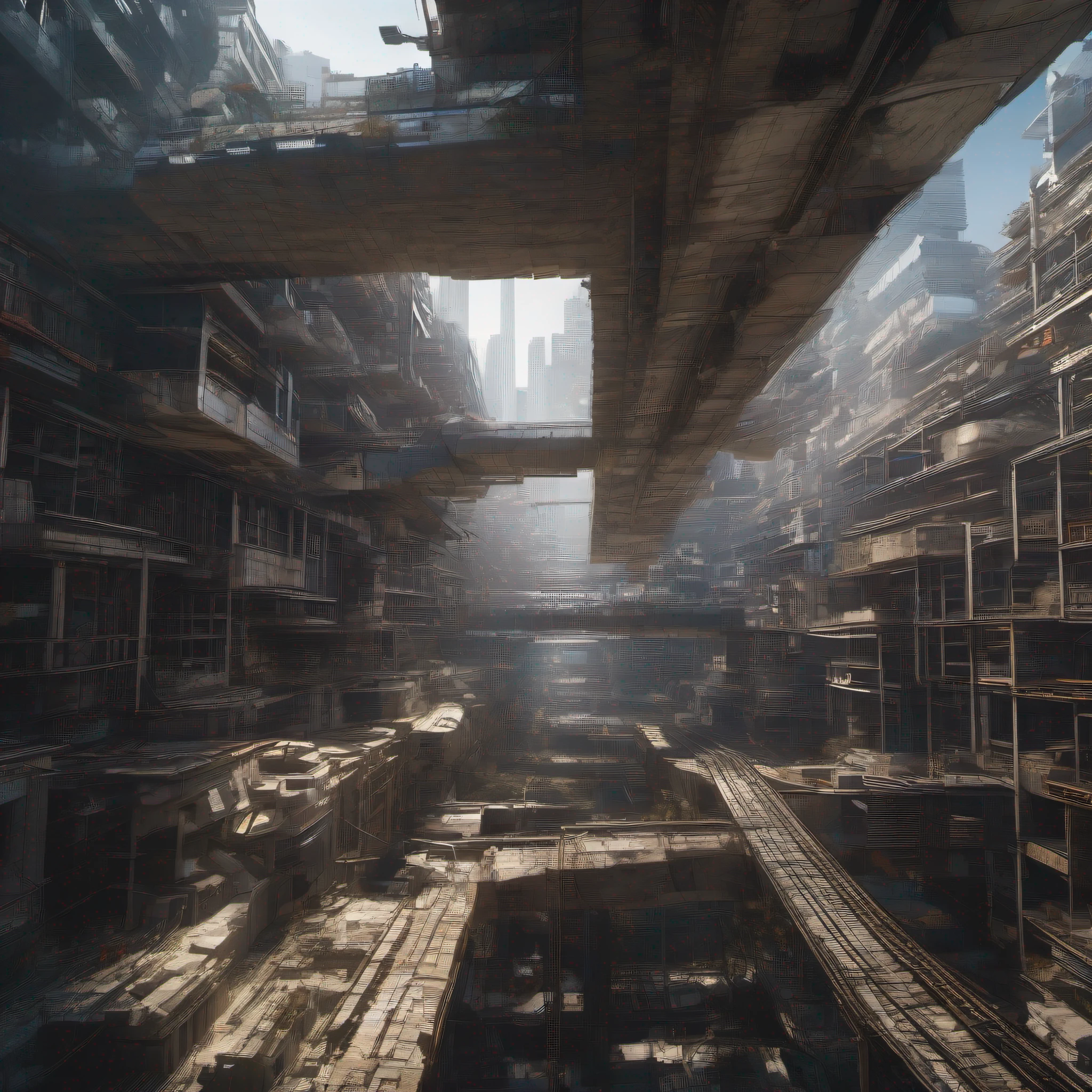 A megalithic city with a chaotic architecture, em forma de cubo, vista por dentro, huge constructions made of pure steel, blocos habitacionais, em um ambiente dark, The structure of the city has huge pipes that connect the whole city, go huge, a The blocks are divided into extracts connected by huge and thick steel beams that support the ceiling, with huge, thick steel cables, 8k realista, As real as possible, Blame manga reference! Ou Blam, por Nihei Tsutomu