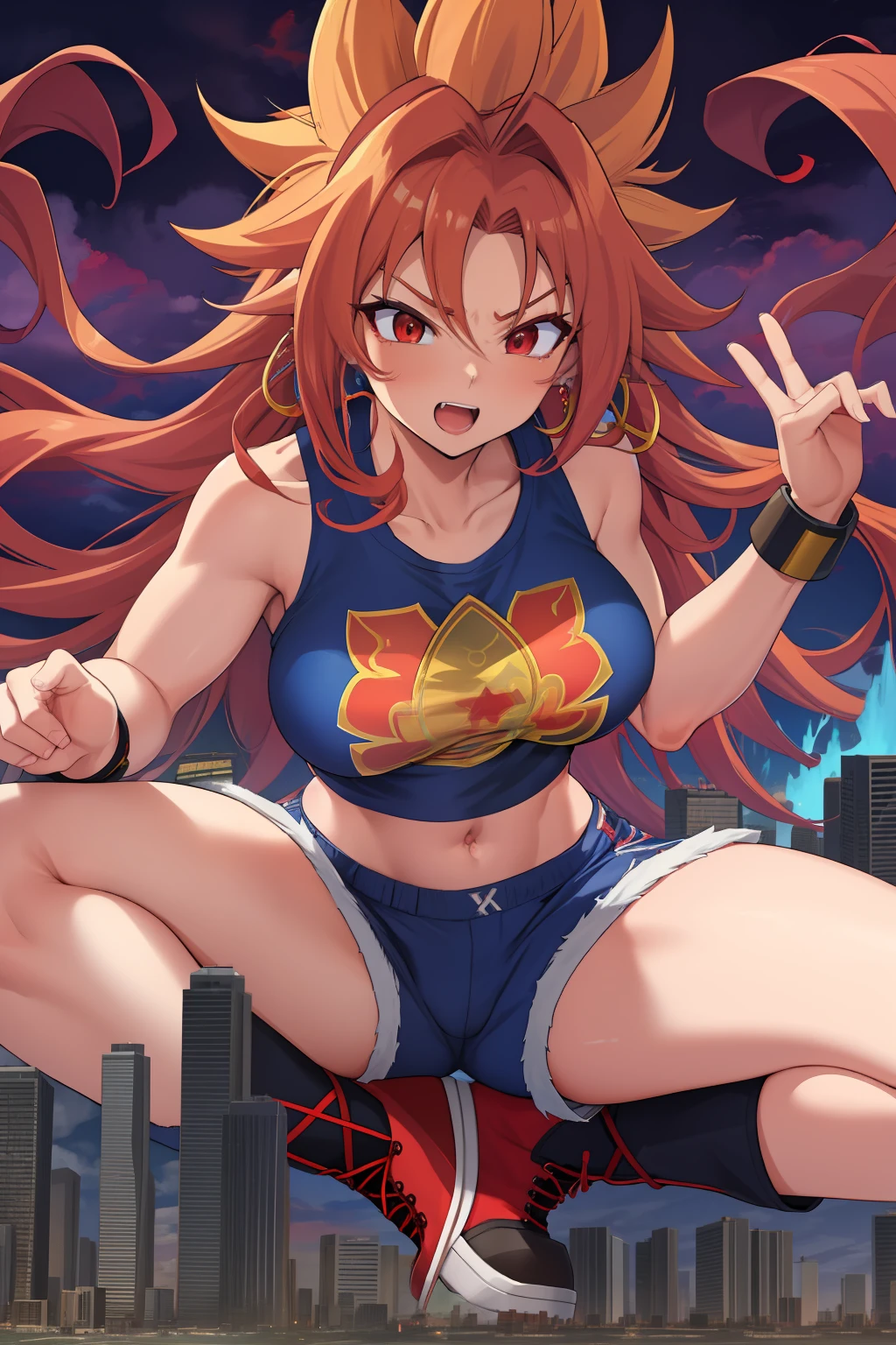 clouds, gtscity,very  long hair,super saiyan ,muscular,red aura,super saiyan 4,smug,cocky,Rampage potara earrings,fighting stanc,crop top,gym shorts,combat boots,red eyes,medium breast,red hair,solo,1female,cityscape,masterpiece,best quality,blacklight,red glow around body