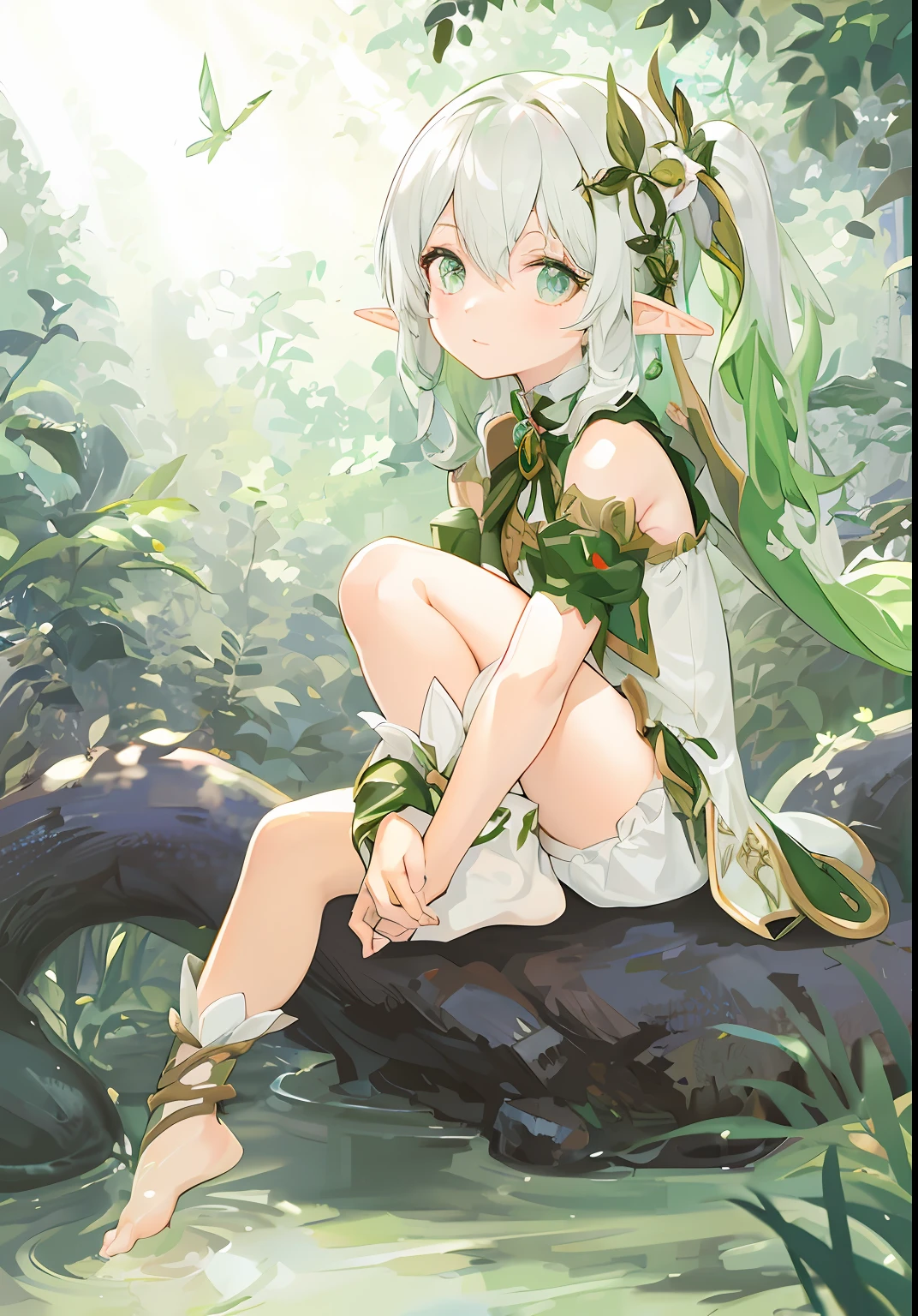 Anime girl sitting on wood in the woods with bow, Elf Girl, alluring elf princess knight, fey queen of the summer forest, beautiful fantasy anime, shadowverse style, forest fairy, trending on artstation pixiv, little elf girl, forest fae, pixiv contest winner, Elf Princess, Detailed fanart, beautiful anime girl crouching