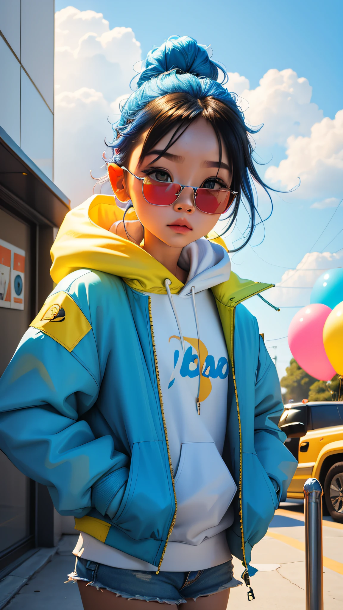 girl, beautiful and cute, wearing blue sunglasses, yellow jacket, white sweatshirt, lots of colorful balloons, baby face, chibi style, red and blue two-color hair, ponytail braided hair, perfect detail eyes, delicate face, perfect CG, HD picture quality, colorful balloons, sky, a white truck parked in front of a building,