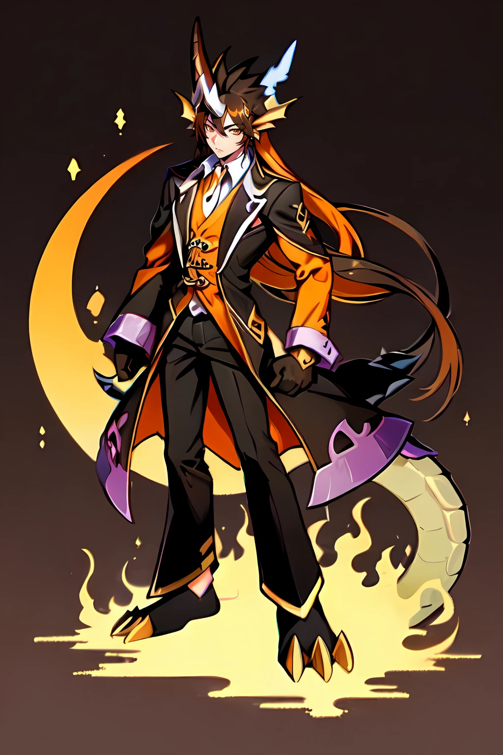 masterpiece, best quality, male focus, jewelry, long hair, 1boy, solo, earrings, bangs, gloves, ponytail, (( Over size Claws)), multicolored hair, brown hair, hair between eyes,  yellow eyes,gradient hair, suit, black hair, digimon \(creature\), ((orange eastern Dragon horn and brown Tail), (( orange Gems on body)), ((Orange, Black and brown Colour schemes)), (Zhongli as a Digimon), ((mid transformation))