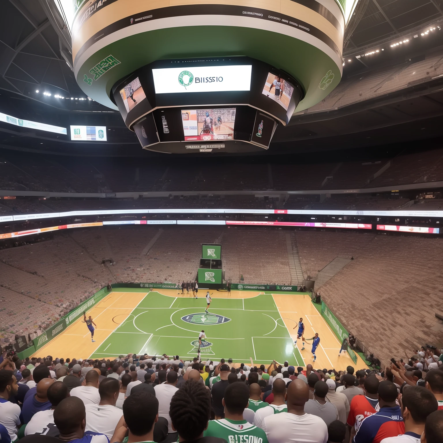 quadra de basquete, vista de cima, com simbolo boston celtics no meio, realista