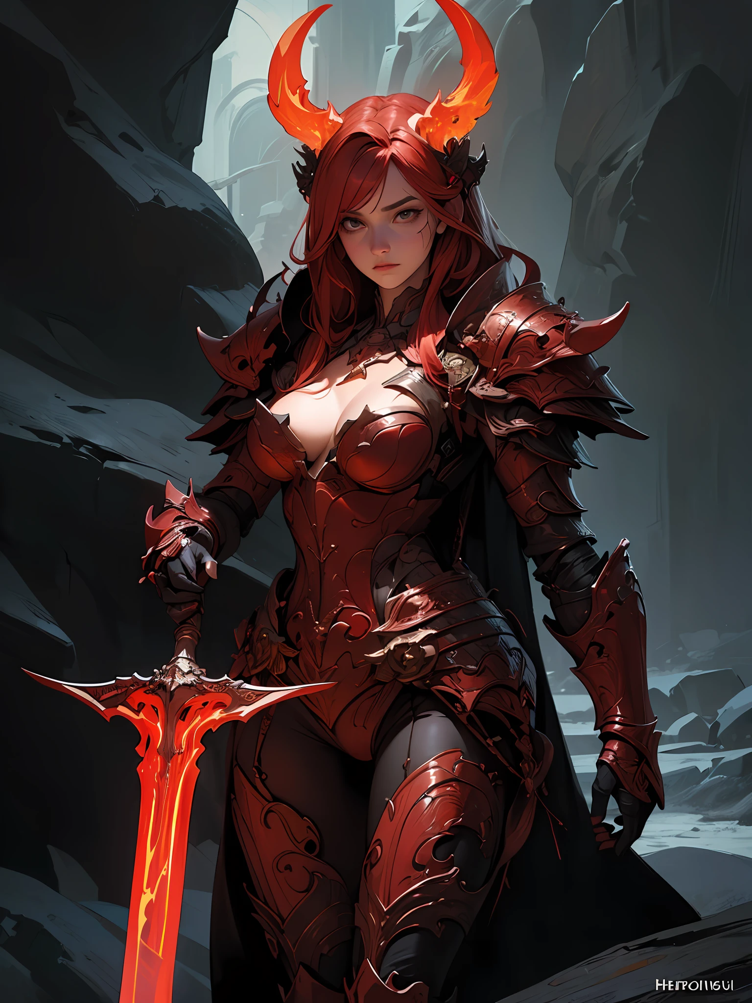 (Artwork of exceptional craftsmanship),(Detailed illustrations,(Very ideal anatomy),Very detailed and detailed drawing,Delicate lines with slow and rapid,(Realistic texture expression)),[Color tressed main line],[Lava cave background [Hot hell:0.4]],HENAI ANIME (Red-skinned DemonGirl 19 years old slender muscular) Flame hair (Devil's Knight:0.8),(Bone armor [crack in the chest:0.6] [Blade of Fresh Blood:0.4]) (edg),[[Dark Fantasy]],(Perfectly proportioned),(Fine and beautiful skin expression [realistic skin detail]),[Design built to the highest level,[Advanced structural understanding of materials],Ideal color coordination],(Intricate and beautiful decoration [Dense detail]),(More on shiny hair),[Perfect hand details [Beautiful Finger]],(Beautiful perfect face [Realistic face details]),[Clear gaze],[long and beautiful eyelashes],[Perfect eye details (Eyes beautifully drawn down to the smallest detail)],(detaileds,high-detail),([Precision Detail],[multi-layer texture],HighQuality,hight resolution),[(Accurate simulation of light-material interactions),Understanding Airflow,Mechanically correct representation],[Visual art that conveys a sense of narrative] [Full body like],[[Desaturation]].