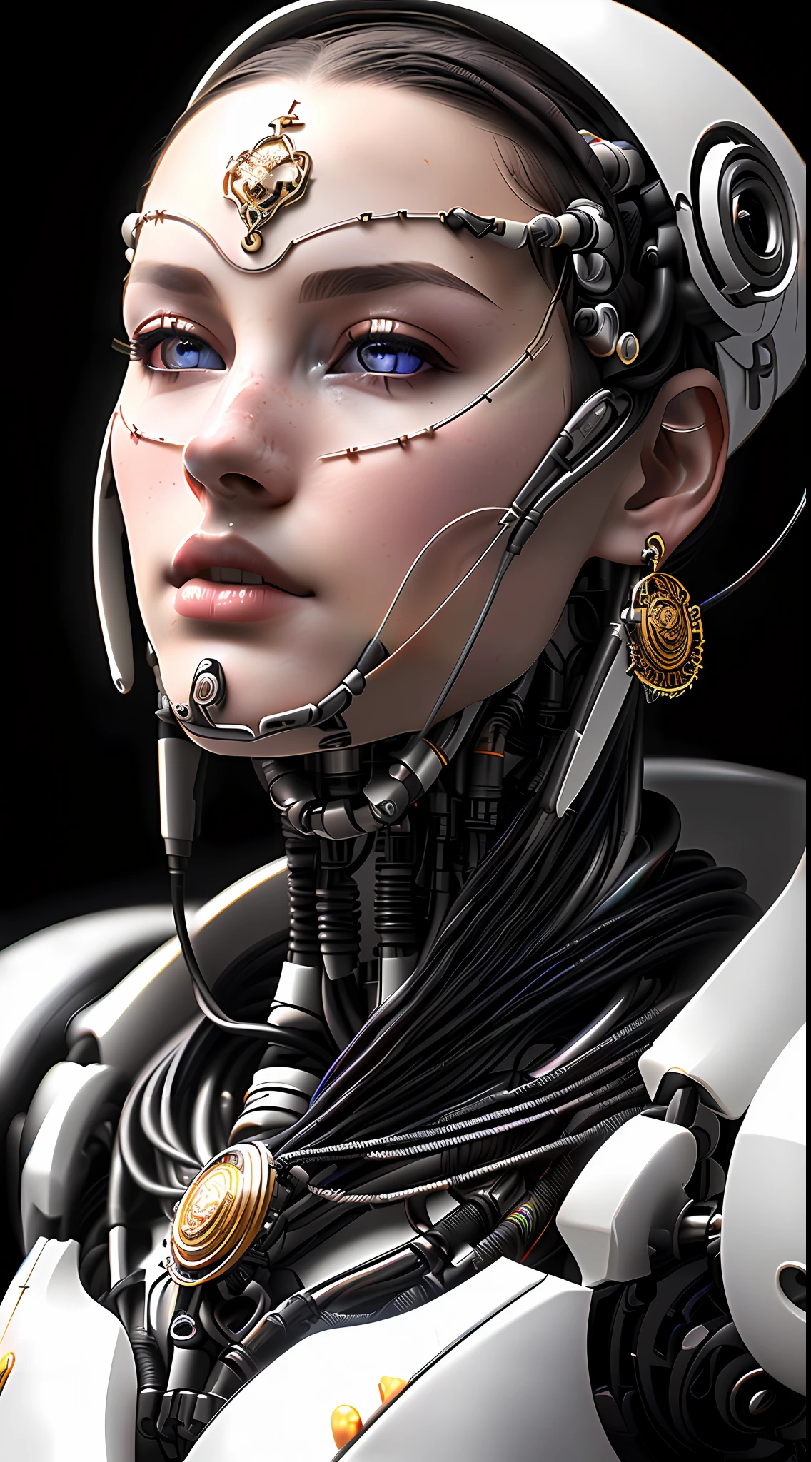 Nousr robot, raw,photorealestic,photore, biomechanical cyborg, simulating, 150 mm lens, beautiful natural soft rim light, Colorful details, samurais, , Pearl earrings, Piercing, Art Nouveau fashion embroidery, Intricate details, , Mandelbrot fractal, anatomically, face muscles, cable wires, micro Chip, badass, Ultra photo realsisim, Ultra detailed, rendering by octane, voluminetric lighting, 8K post-production, of red and white colors,With a hint of black, Detail metal bones, Half-human, Iridescent colors, Glenn Brown style, White Room, The power of God, high-angle shot, Complex body posture