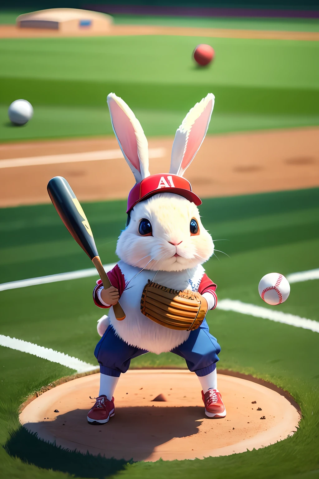 A rabbit playing baseball on the sports field