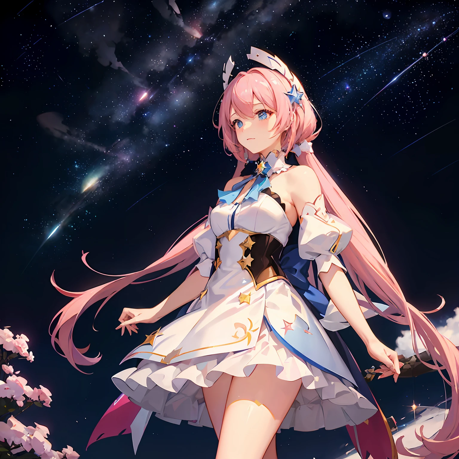 honkai：Star Dome Railway 、Pink and blue glitter hair、Bright night sky、(Widescreen 16x9)(Meteor swarm:1.2)、(comets:1.1)、