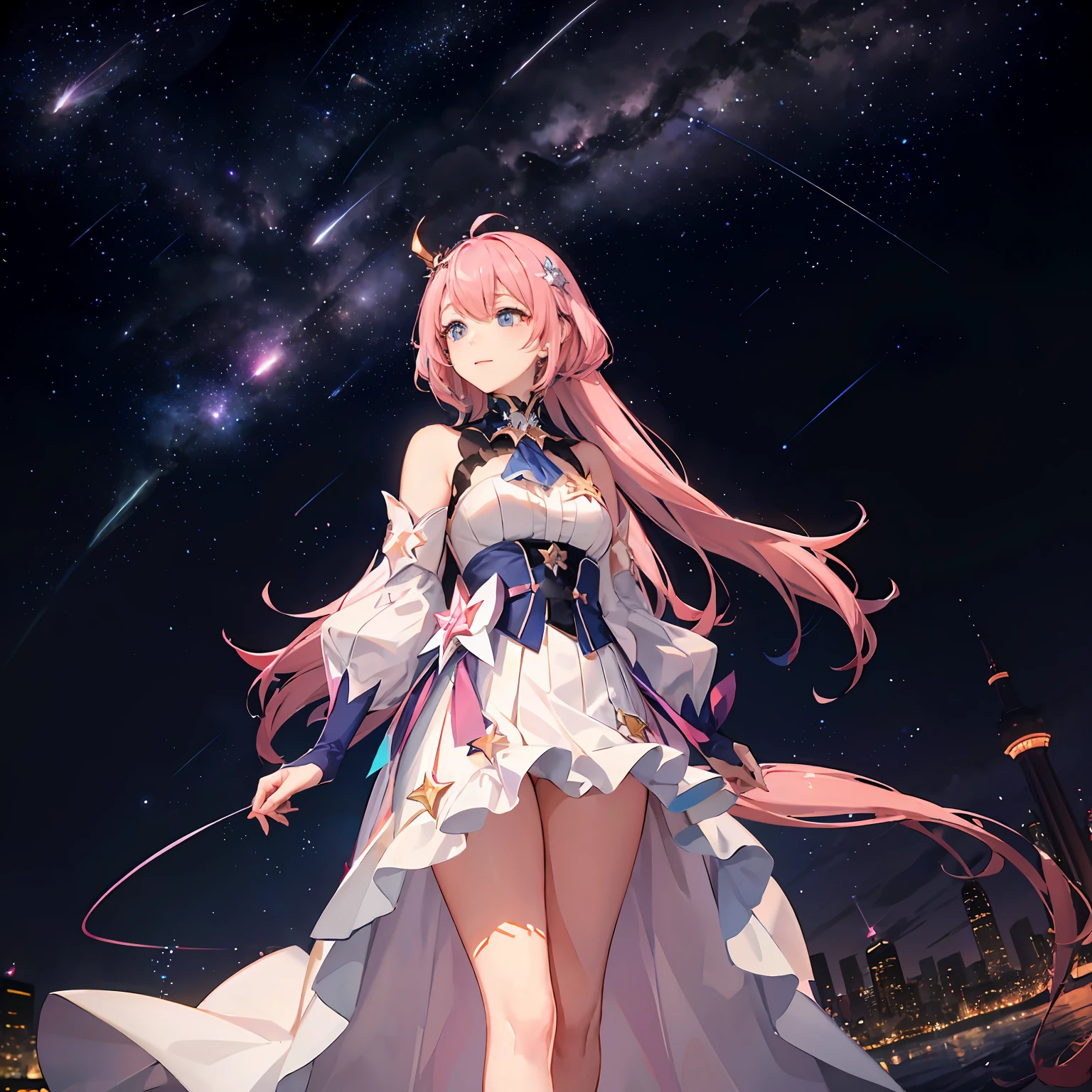 honkai：Star Dome Railway 、Pink and blue glitter hair、Bright night sky、(Widescreen 16x9)(Meteor swarm:1.2)、(comets:1.1)、