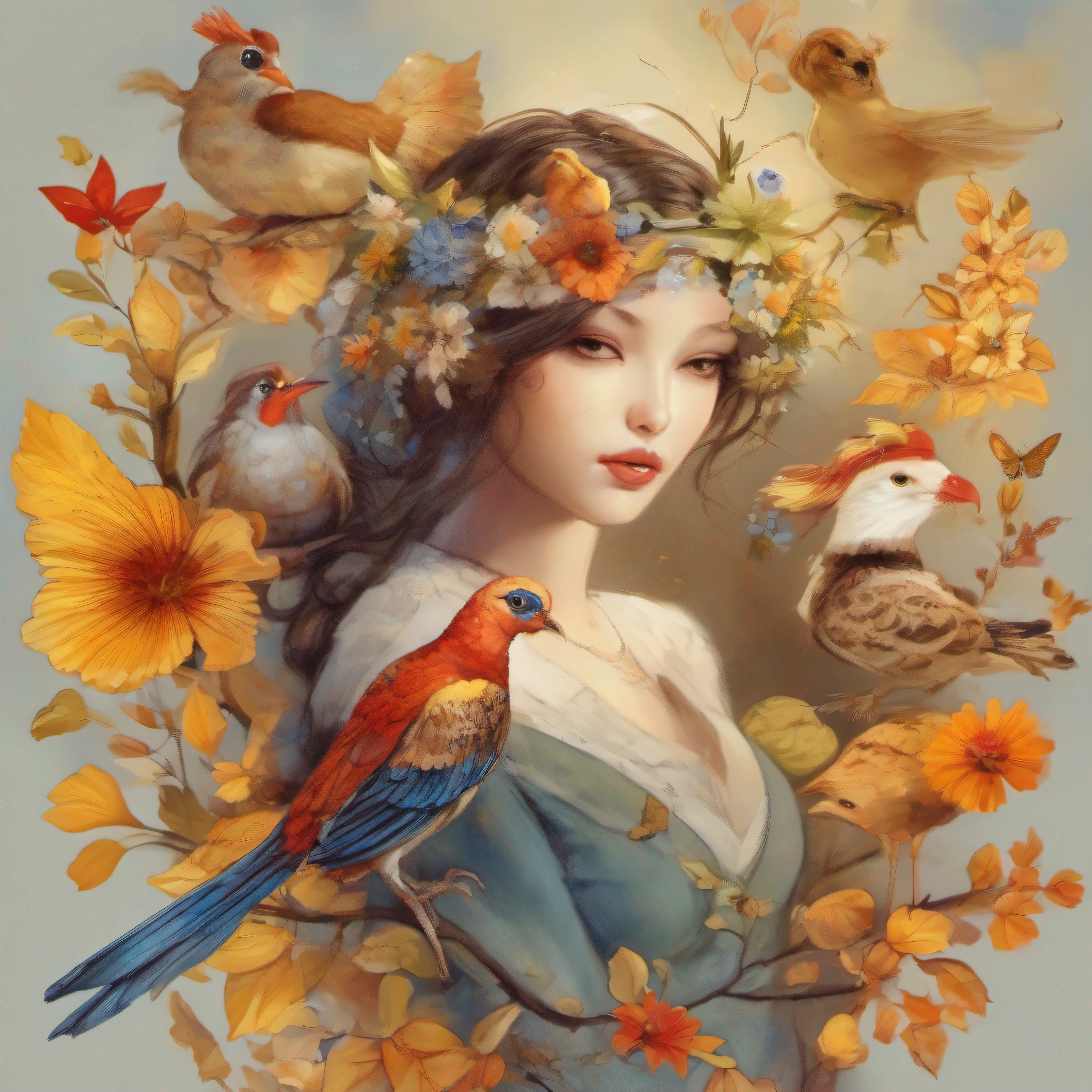 a nice painting of a painting of a woman with birds around her head and a tree in the background with flowers in her hair, 1girl, animal, animal on arm, animal on head, animal on shoulder, artist name, autumn, autumn leaves, bee, bird, bird on hand, bird on head, bird on shoulder, blue butterfly, blurry, bug, bunny, butterfly, chick, chicken, crow, daisy, dandelion, deer, dove, dragonfly, duck, eagle, falling leaves, feathers, fish, flock, flower, ginkgo leaf, goldfish, hair flower, hair ornament, holding leaf, honey, leaf, lips, long hair, looking at animal, on back, on head, orange flower, outdoors, owl, parrot, phoenix, pigeon, portrait, red lips, rooster, rubber duck, seagull, solo, sparrow, squirrel, white butterfly, white flower, year of the rooster, yellow butterfly, yellow flower, art by Mind Blaster