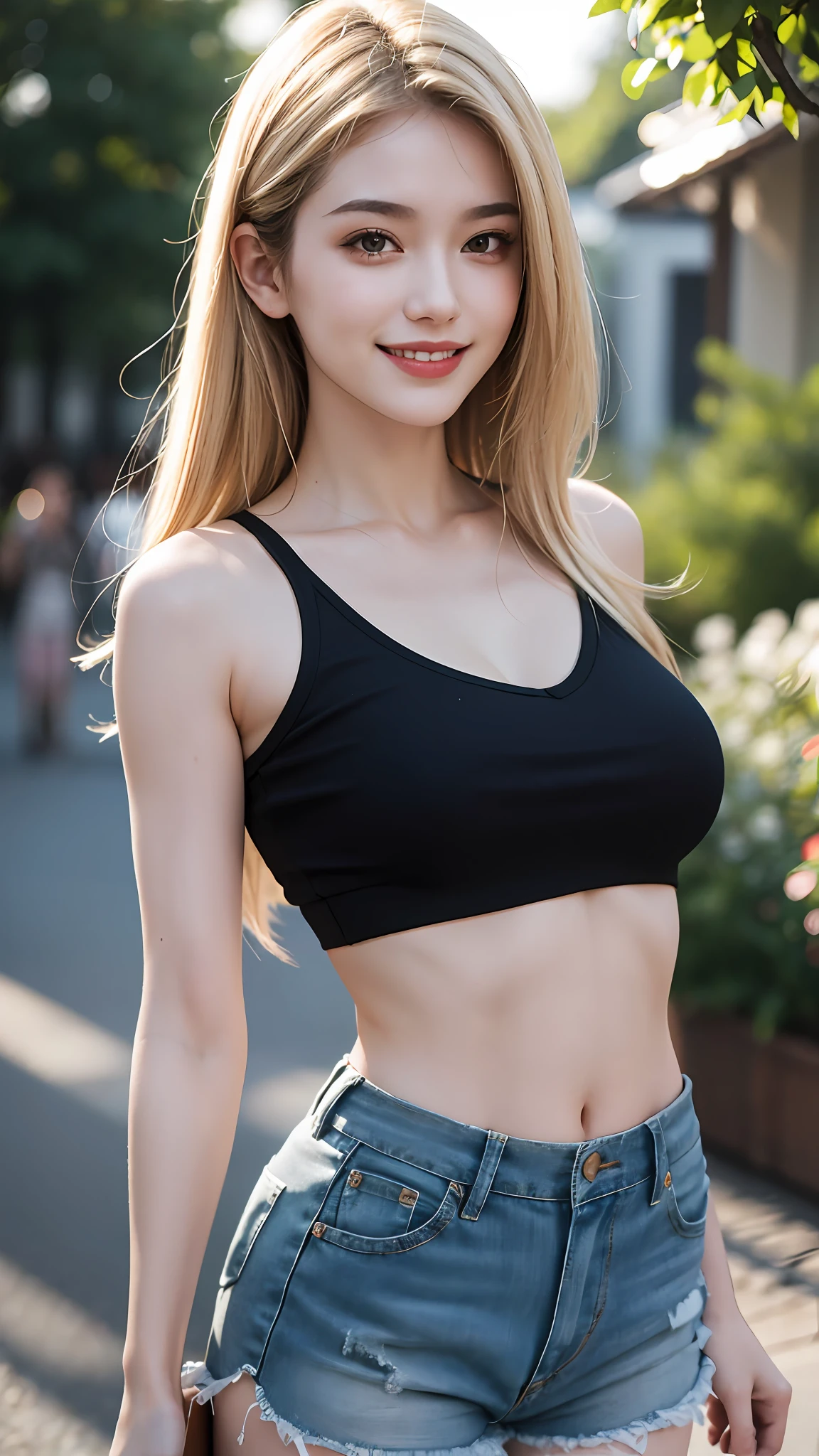 Best quality, masterpiece, ultra high res, photorealistic, Beautiful woman, shorts, crop-top, almond eyes, smile, pale skin, bokeh