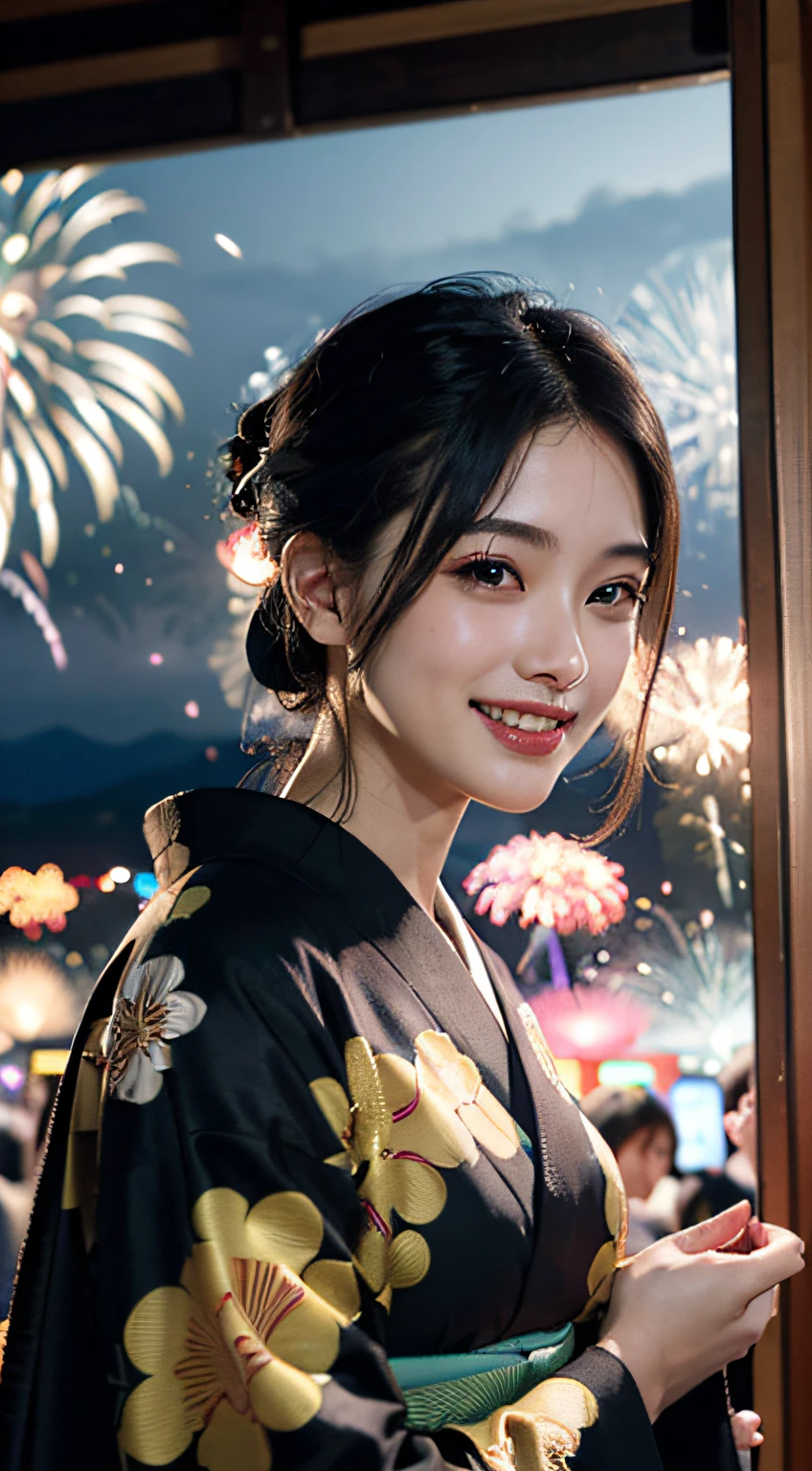 best qualtiy、masterpiece、photoRealstic、intricate-detail、Raw foto、Photon Rendering、Octane Rendering、absurderes、ultra-detailliert、A detailed face、Detailed skin、Trending in art stations、8K Masterpiece、lighting like a movie、( (1girl in))、((独奏) ))、CG Social Trends、Plastic En、((Black Long Hair))、((Beautuful Women))、(A smile)、Upper teeth、Fashionable、Hair that flutters in the wind、((Flowing hair))、fashion magazine、((A sexy))、((lighting like a movie)、((indirect lighting)、、(ssex)、Grinning、(View from a distance)、((Festival of Japan))、Kimono、((Fireworks Festival))、