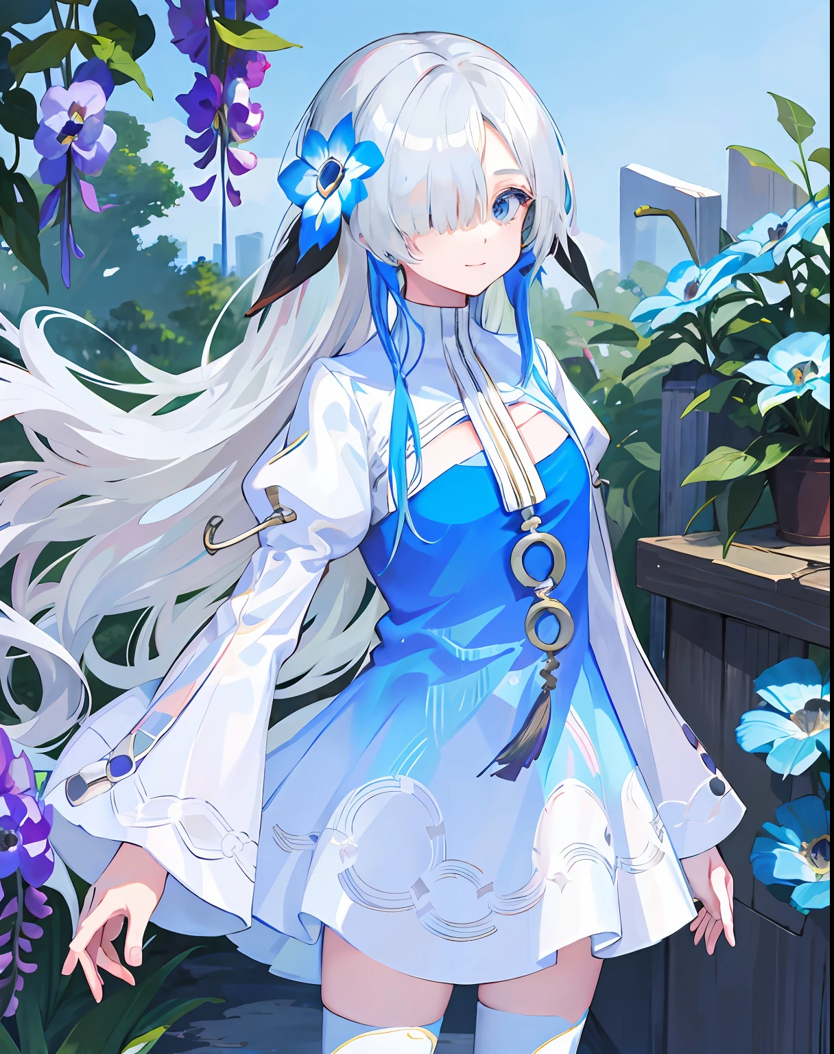 1girl,standing,white_hair,bluejoucho,hair over one eye, cowboy shot,light smile, nemophila \(flower\), anemone \(flower\), wisteria, garden,